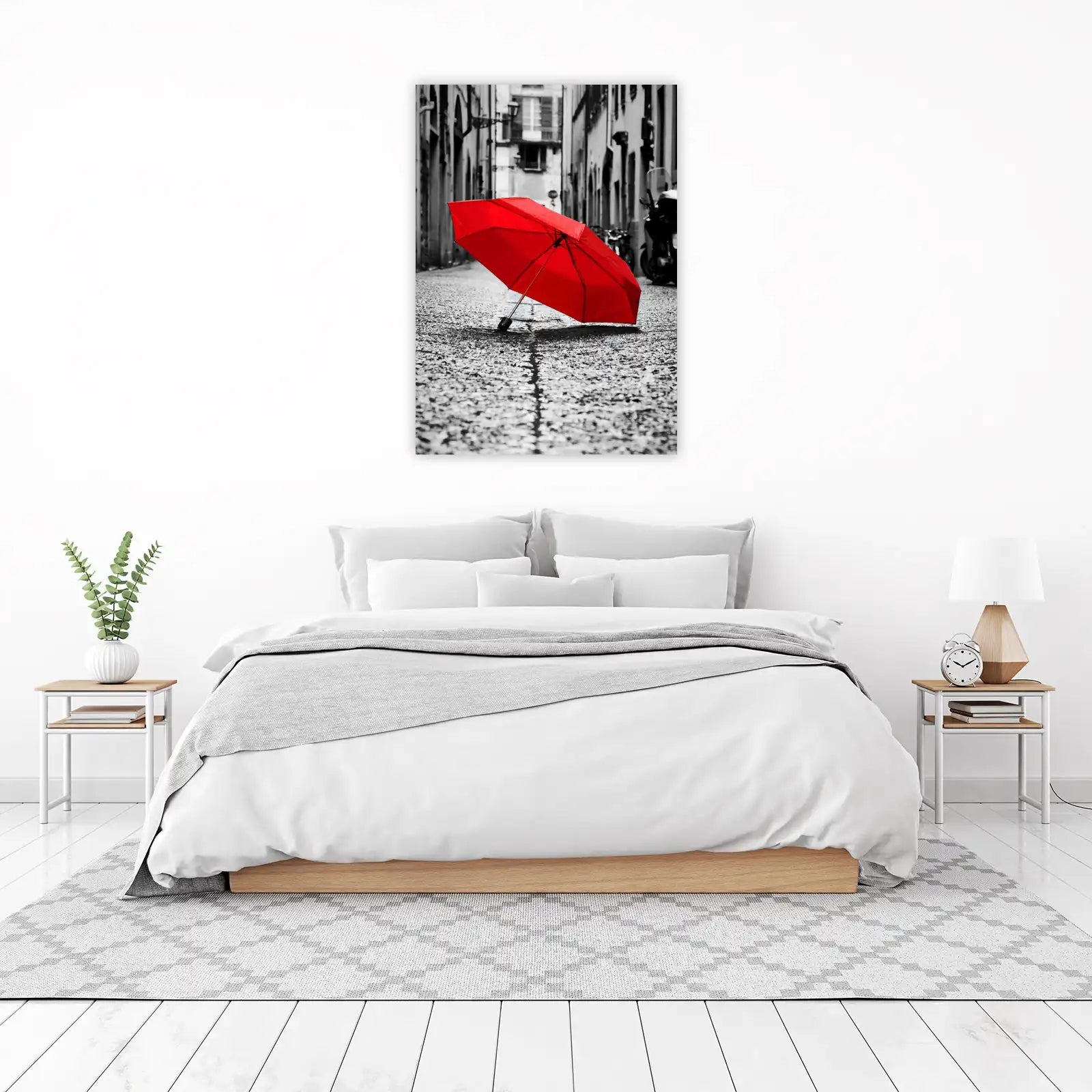 Vibrant Red Umbrella on Cobblestone Street Wall Art
