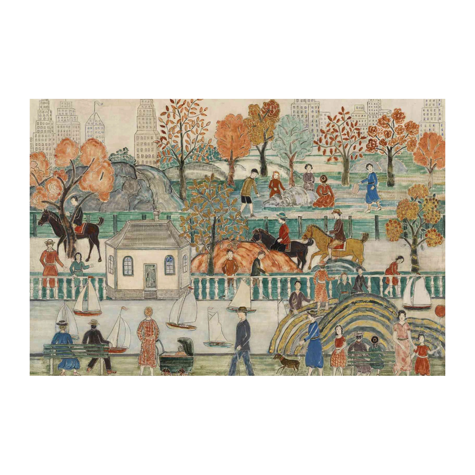 Charming Park Scene Folk Art Wall Art