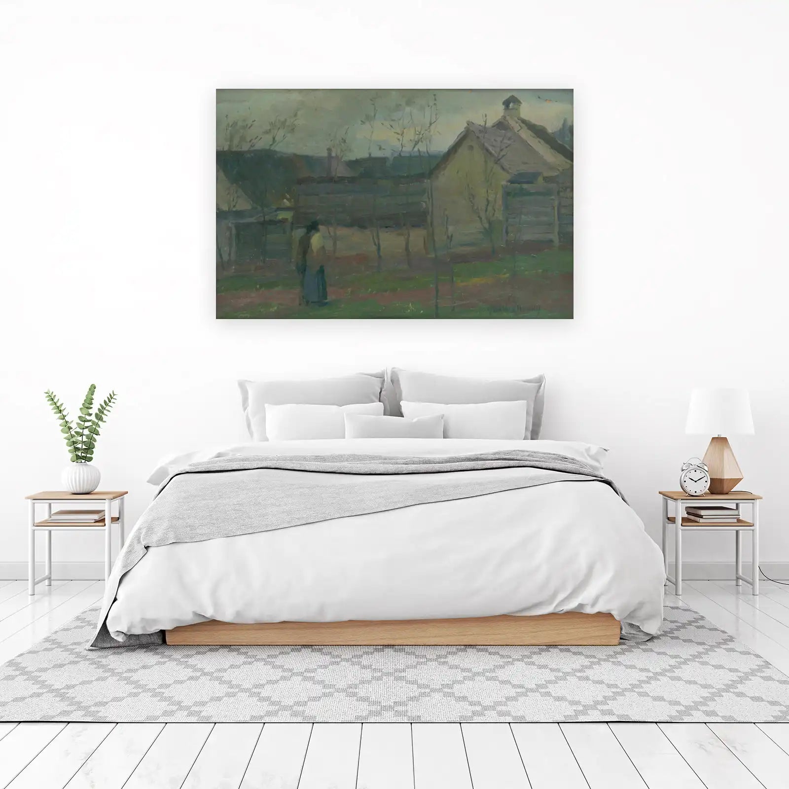 Serene Village Scene with Figures Wall Art