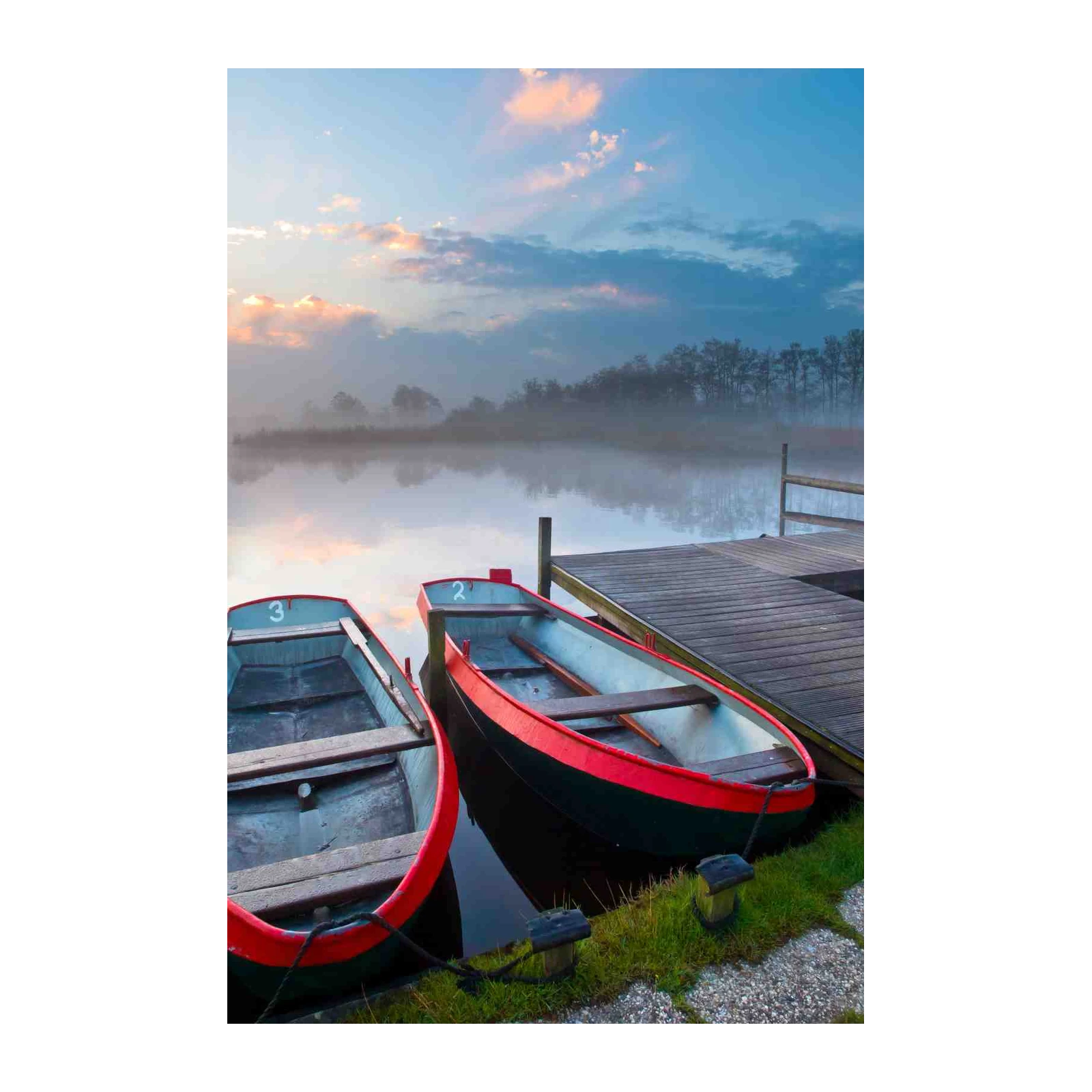 Serene Lake Boats at Sunrise Wall Art