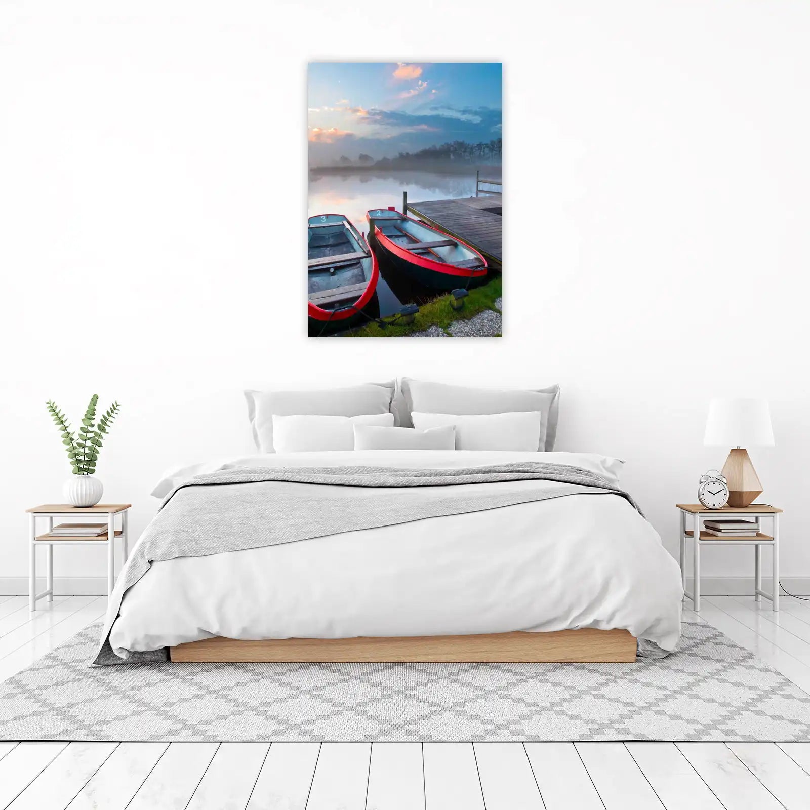 Serene Lake Boats at Sunrise Wall Art