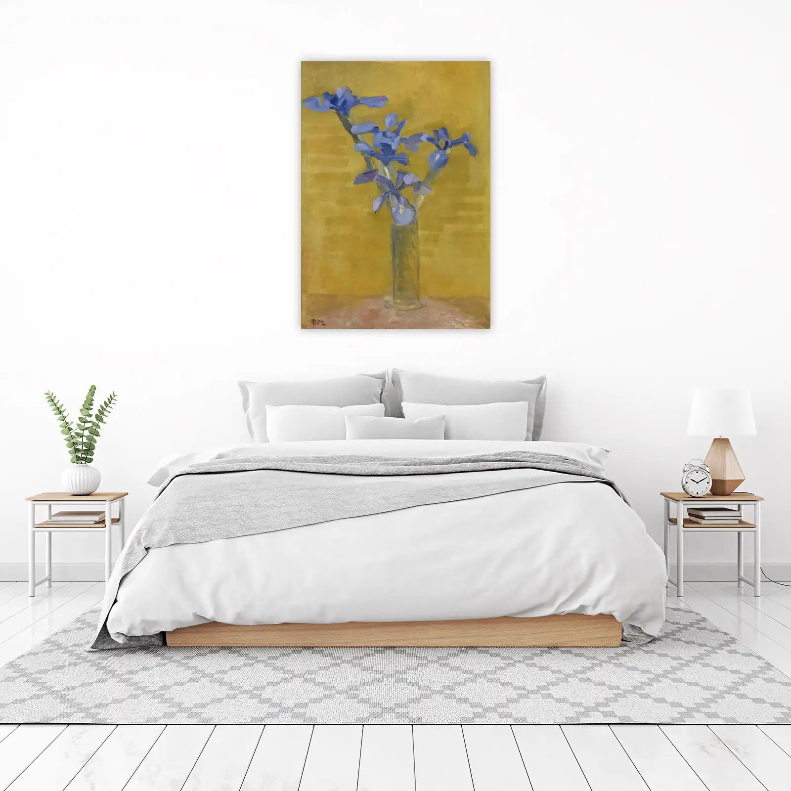 Vibrant Blue Irises in Yellow Vase Wall Art