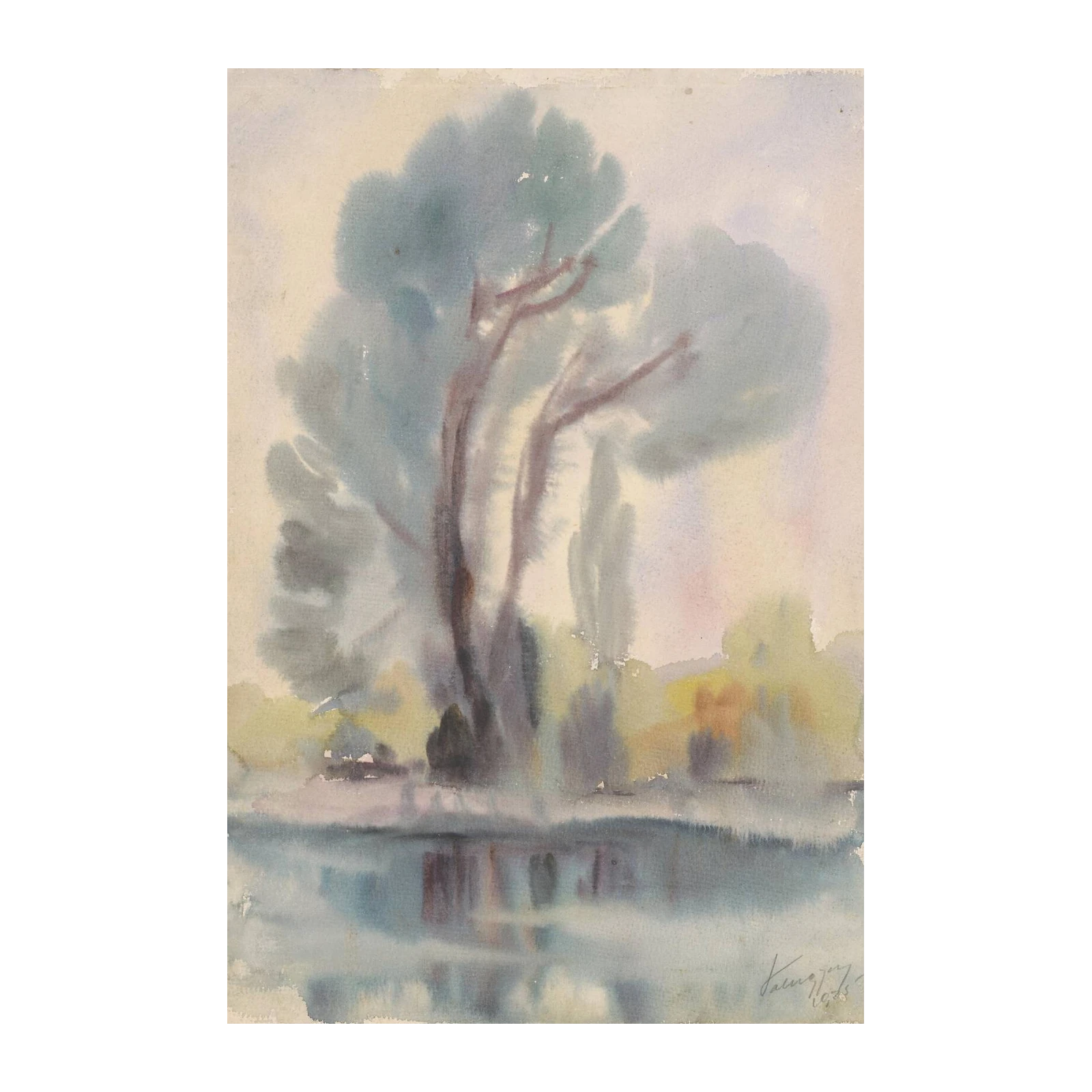 Tranquil Waterside Tree Watercolor Wall Art