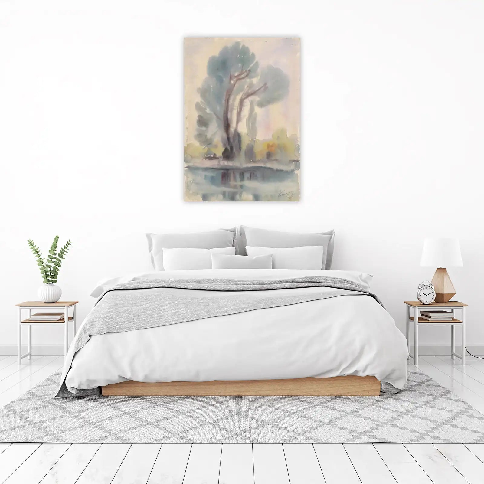 Tranquil Waterside Tree Watercolor Wall Art