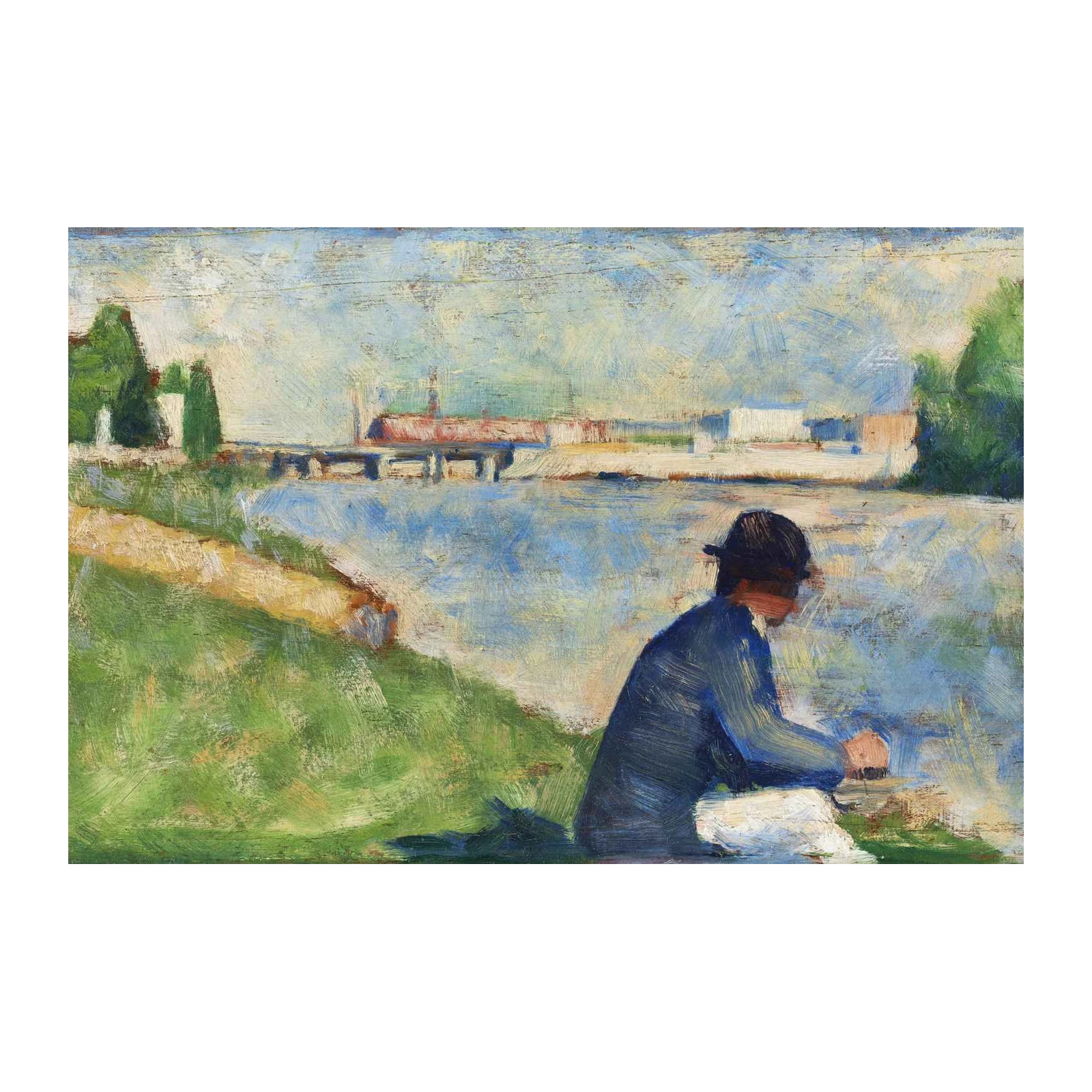 Impressionist River Scene Man Fishing Wall Art