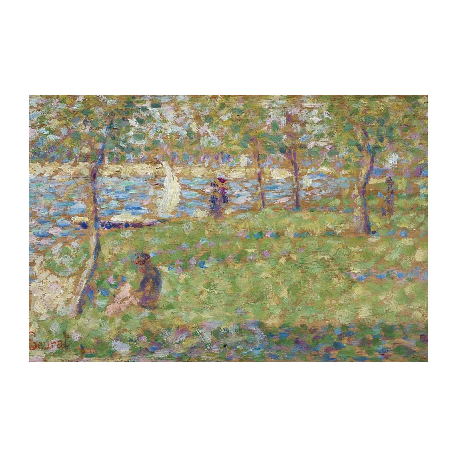 Pointillist River Scene with Sailboat Wall Art