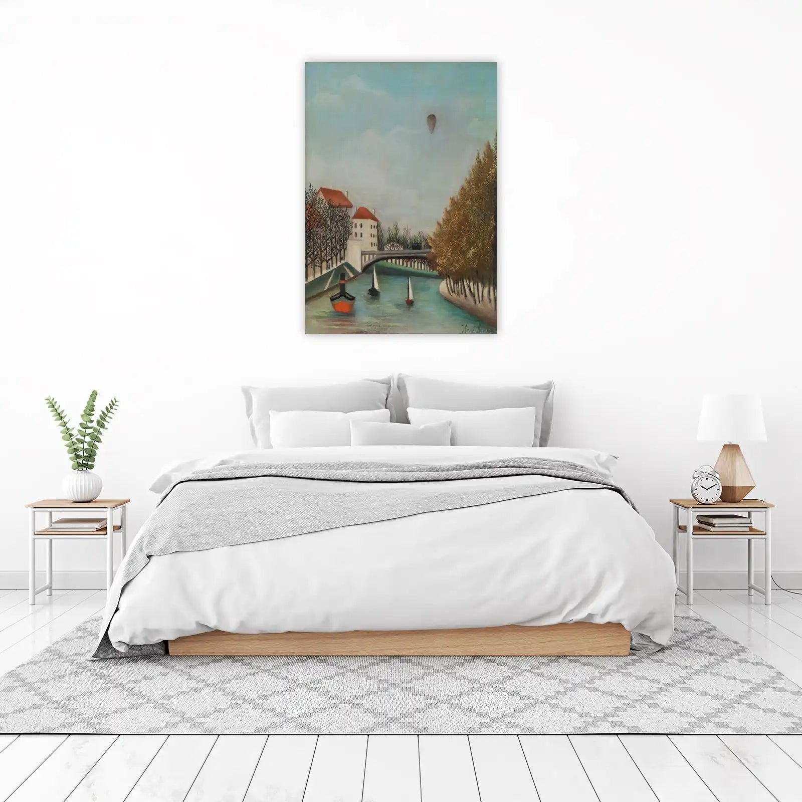 Vintage River Scene with Hot Air Balloon Wall Art