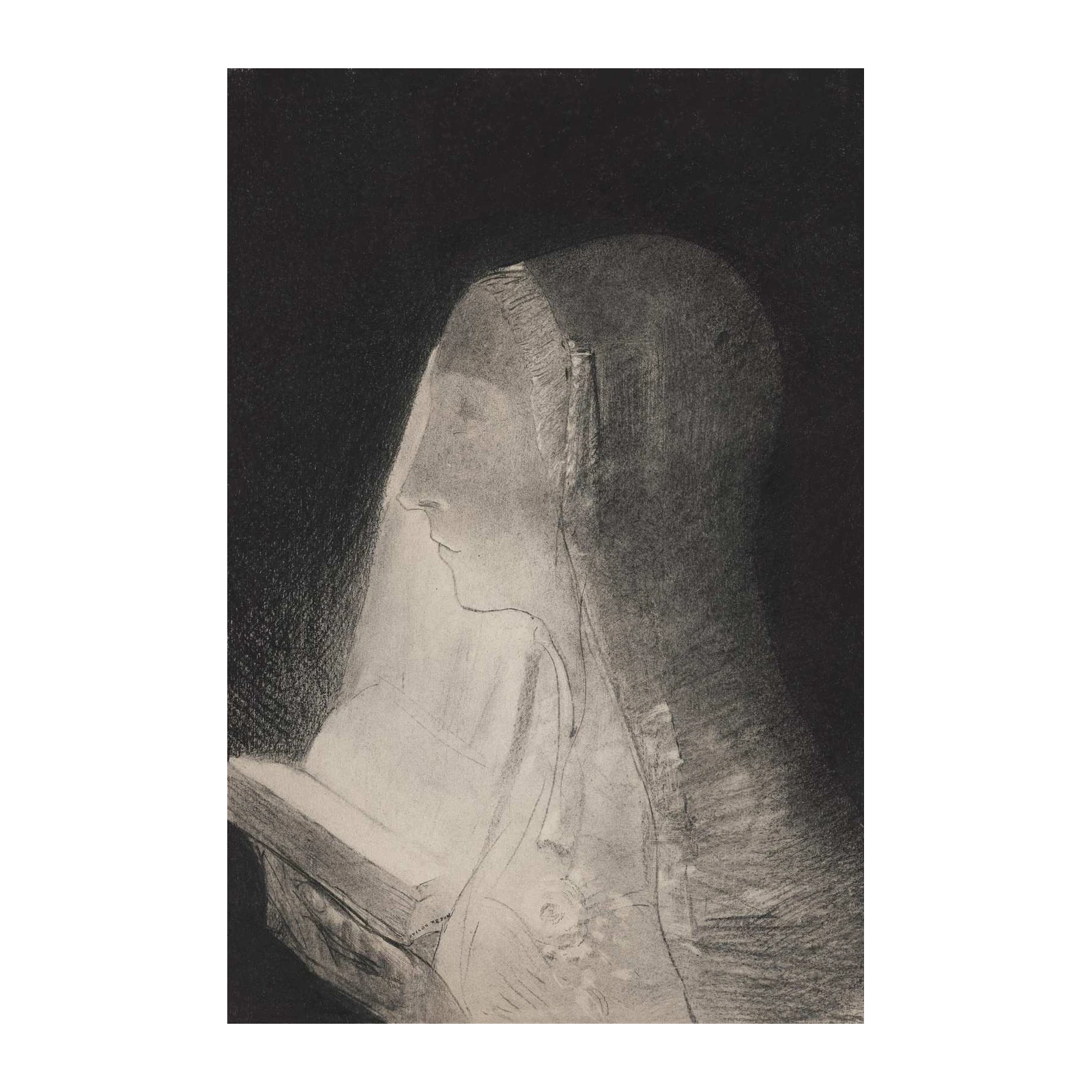 Serene Reading Nun Charcoal Wall Art