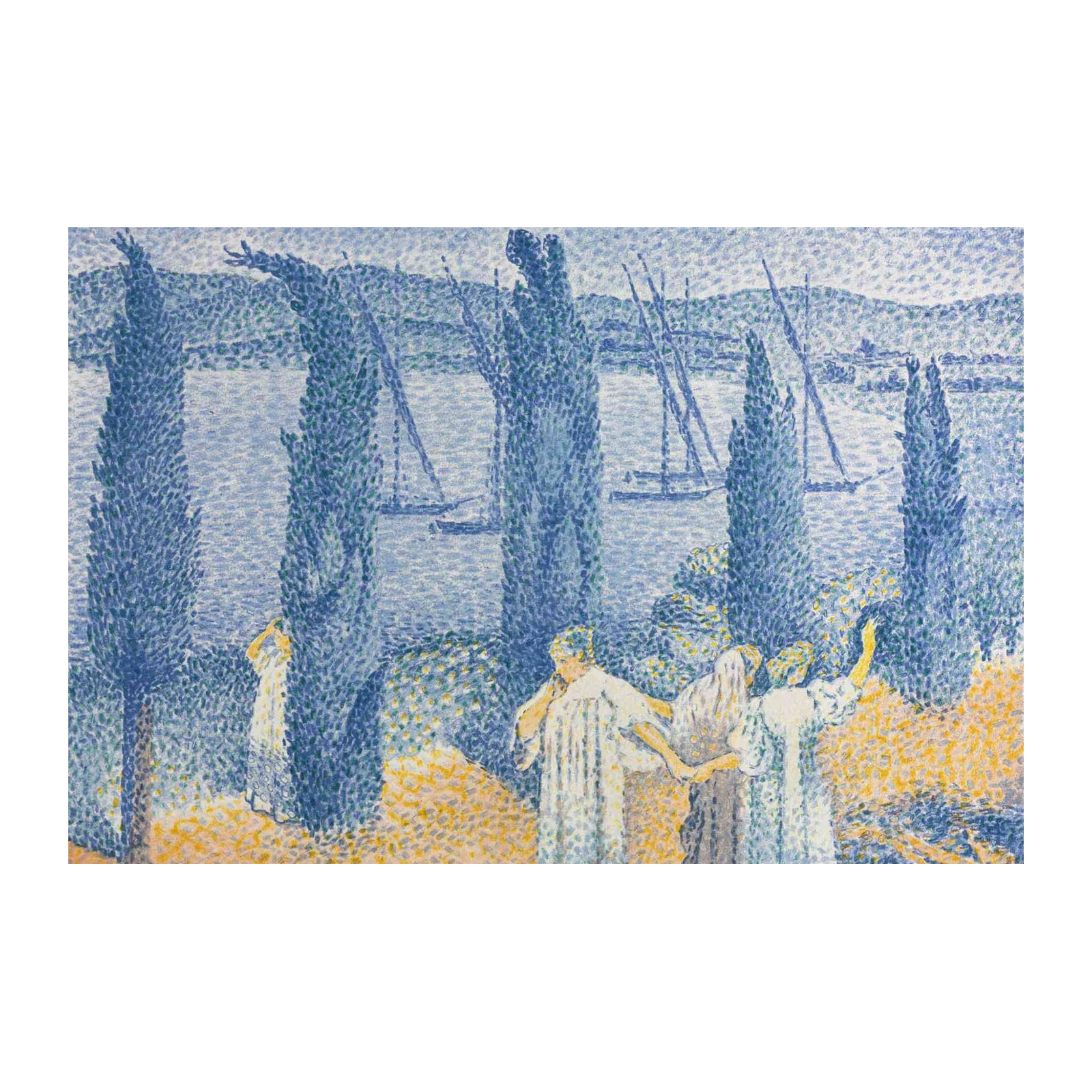 Pointillist Seascape with Cypress Trees Wall Art