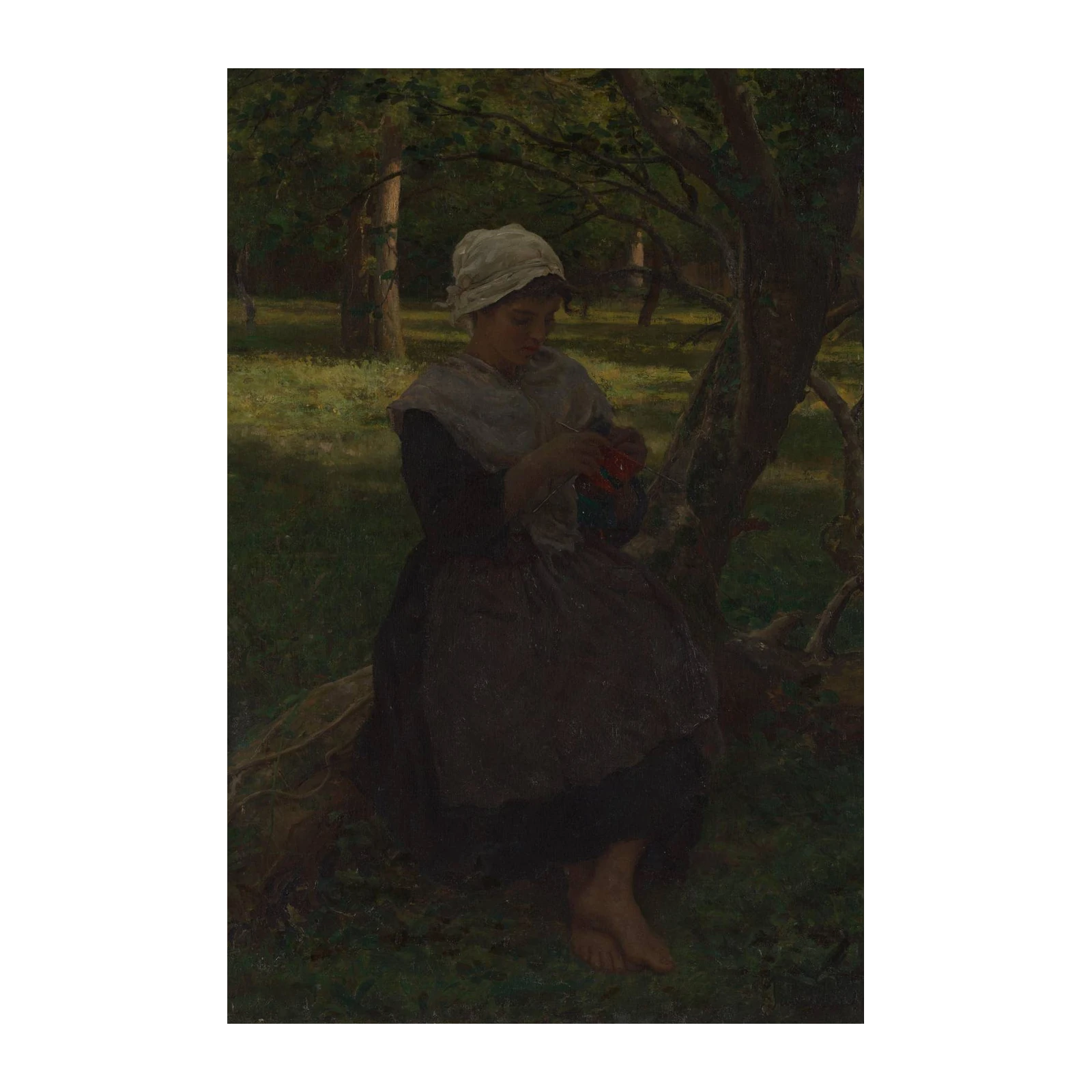 Young Woman Knitting by Tree Wall Art