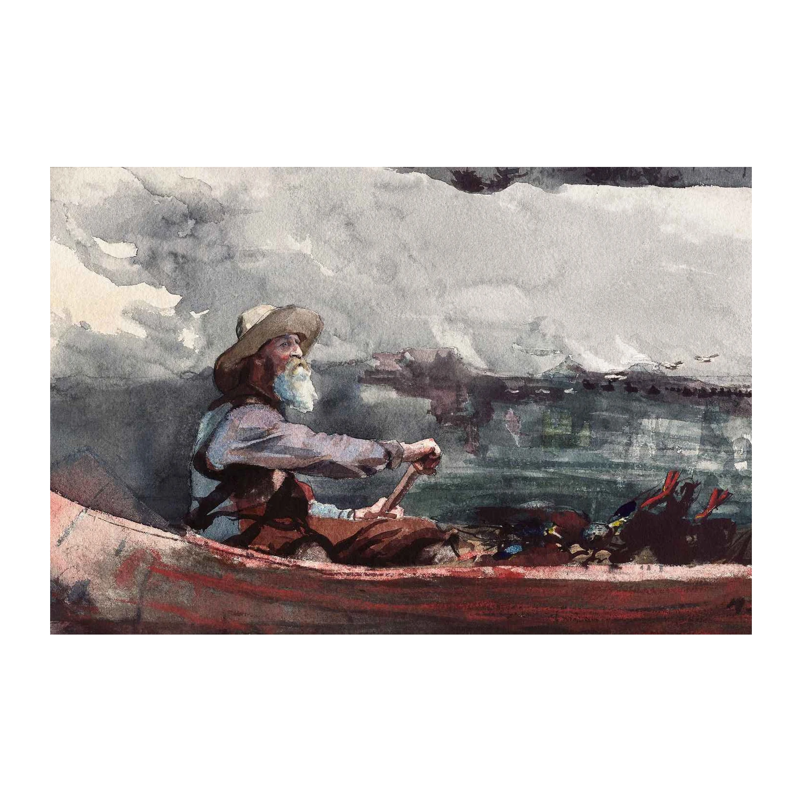 Canoe Fisherman Landscape Watercolor Wall Art