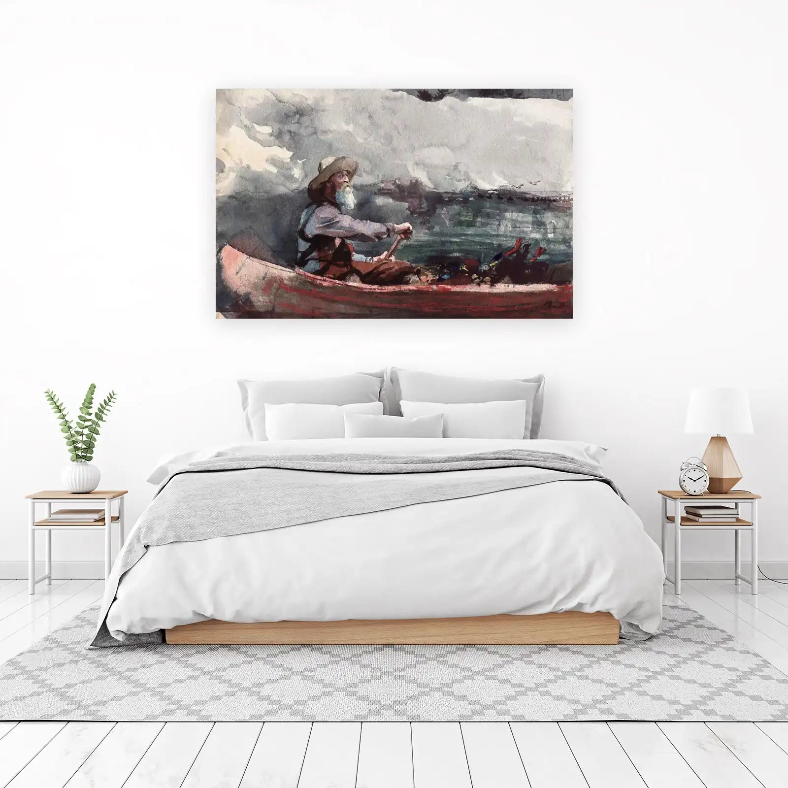 Canoe Fisherman Landscape Watercolor Wall Art