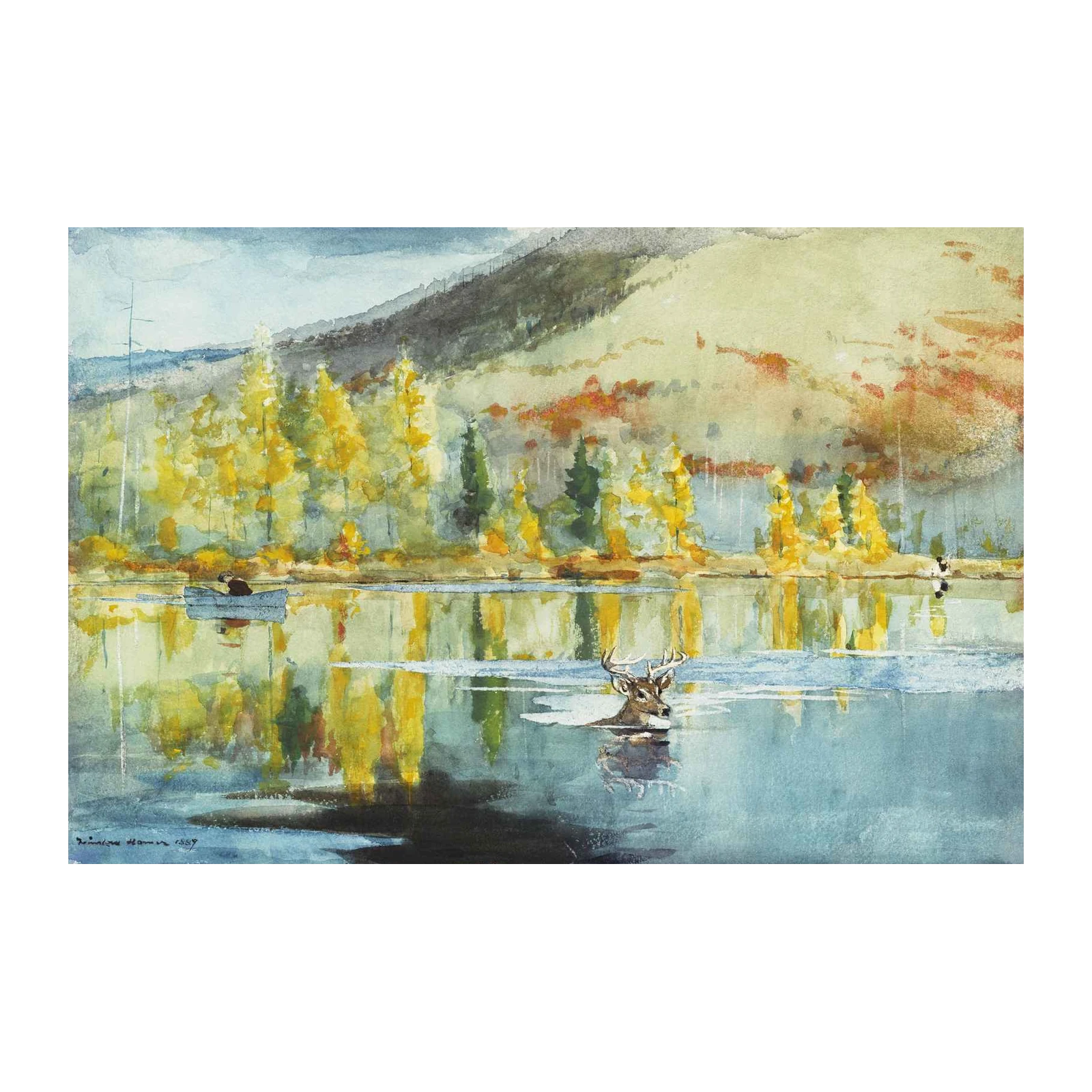 Majestic Deer Lake Watercolor Wall Art