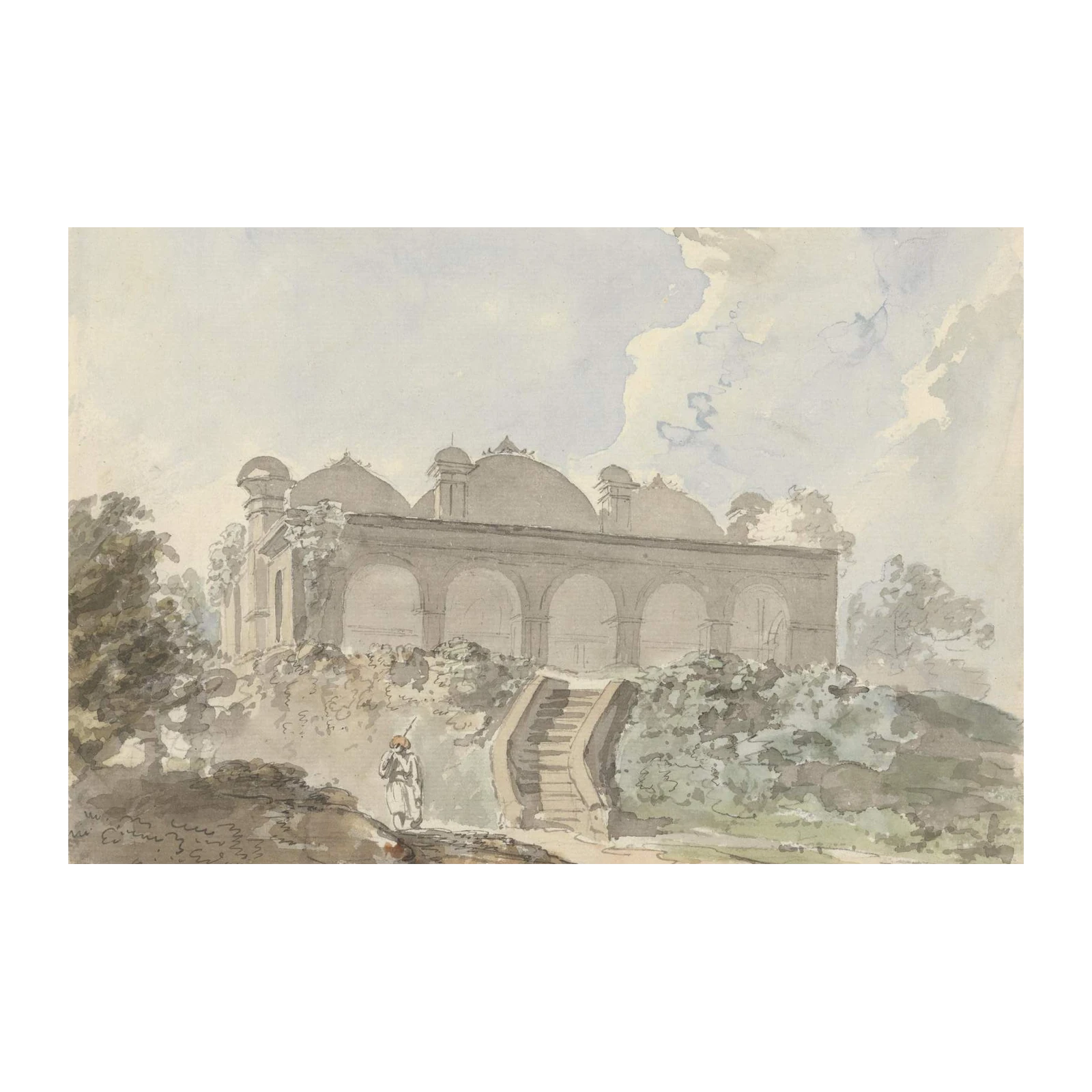 Vintage Architectural Watercolor: Historic Indian Scene Wall Art