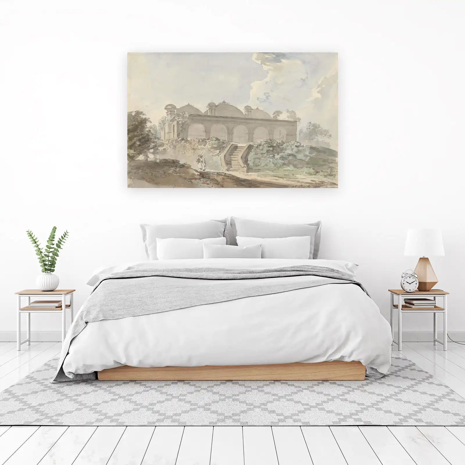 Vintage Architectural Watercolor: Historic Indian Scene Wall Art