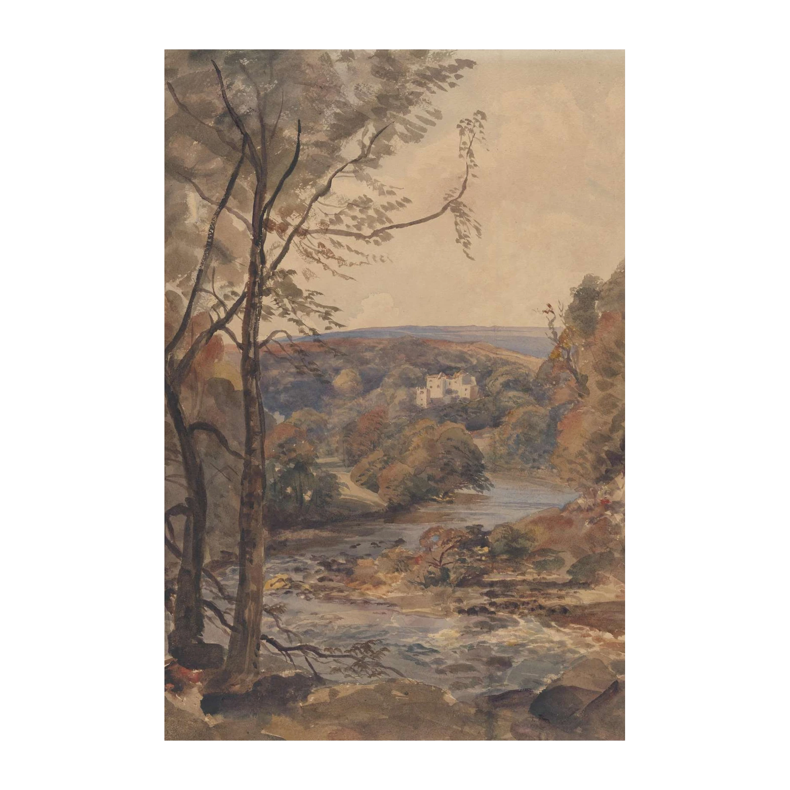 Serene River Landscape with Castle Wall Art