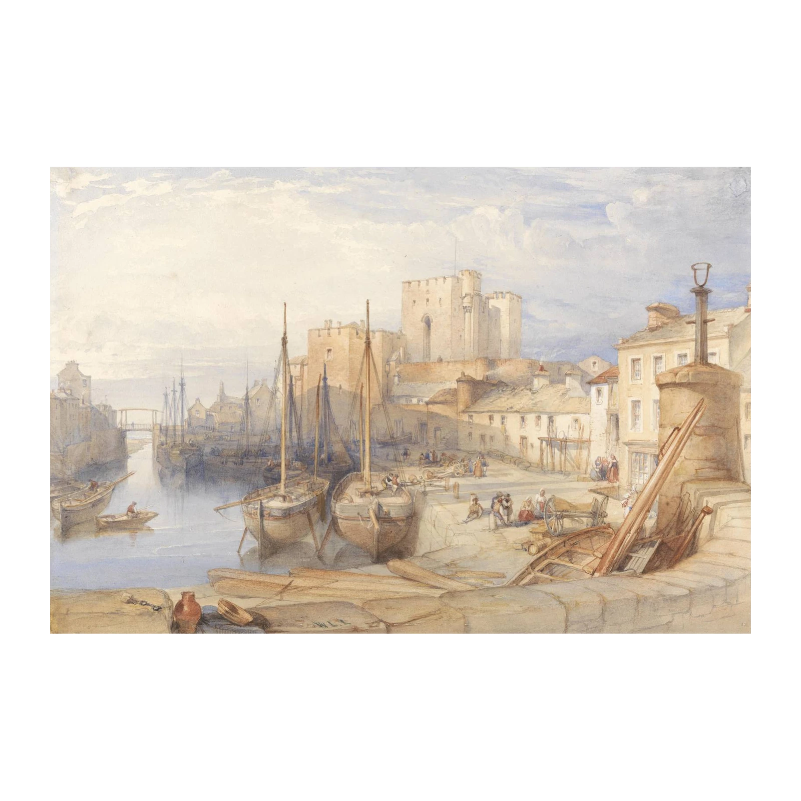Historic Harbor with Castle Watercolor Wall Art