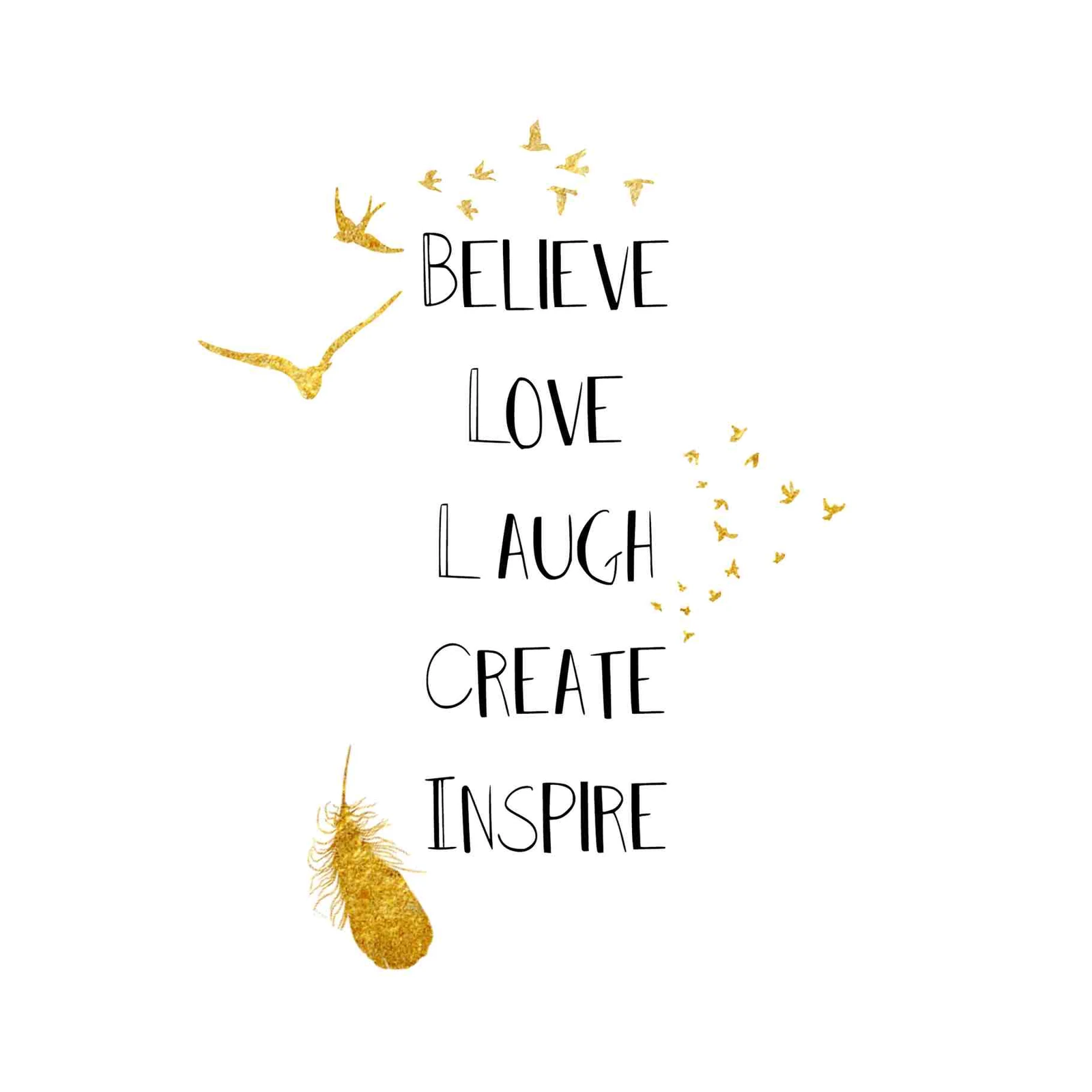 Believe Love Laugh Create Inspire Gold Birds Wall Art