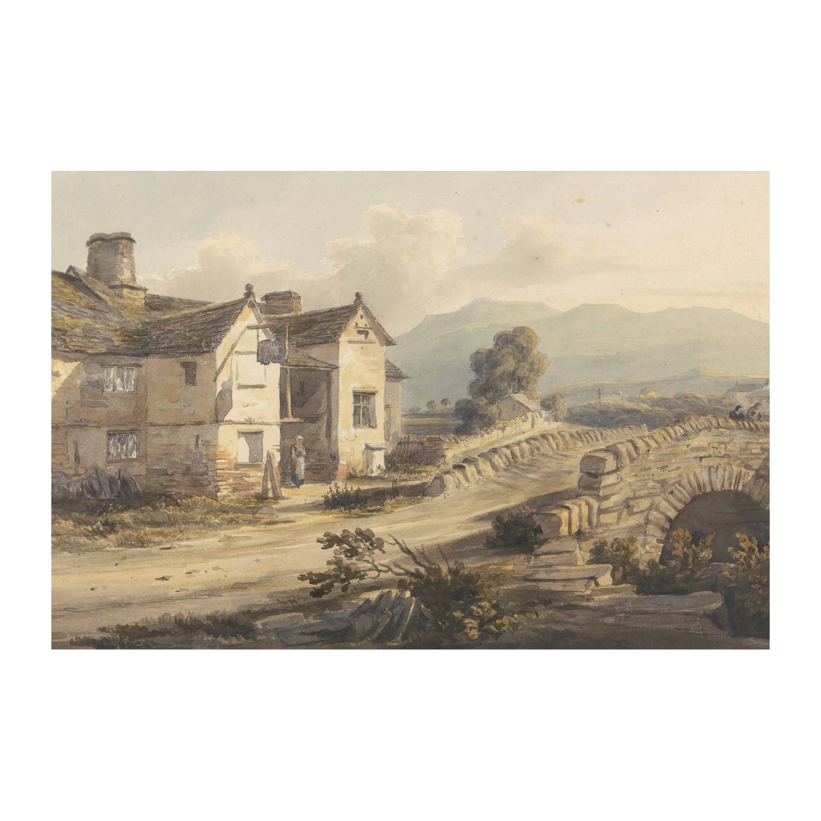 Vintage Countryside Inn Bridge Landscape Wall Art