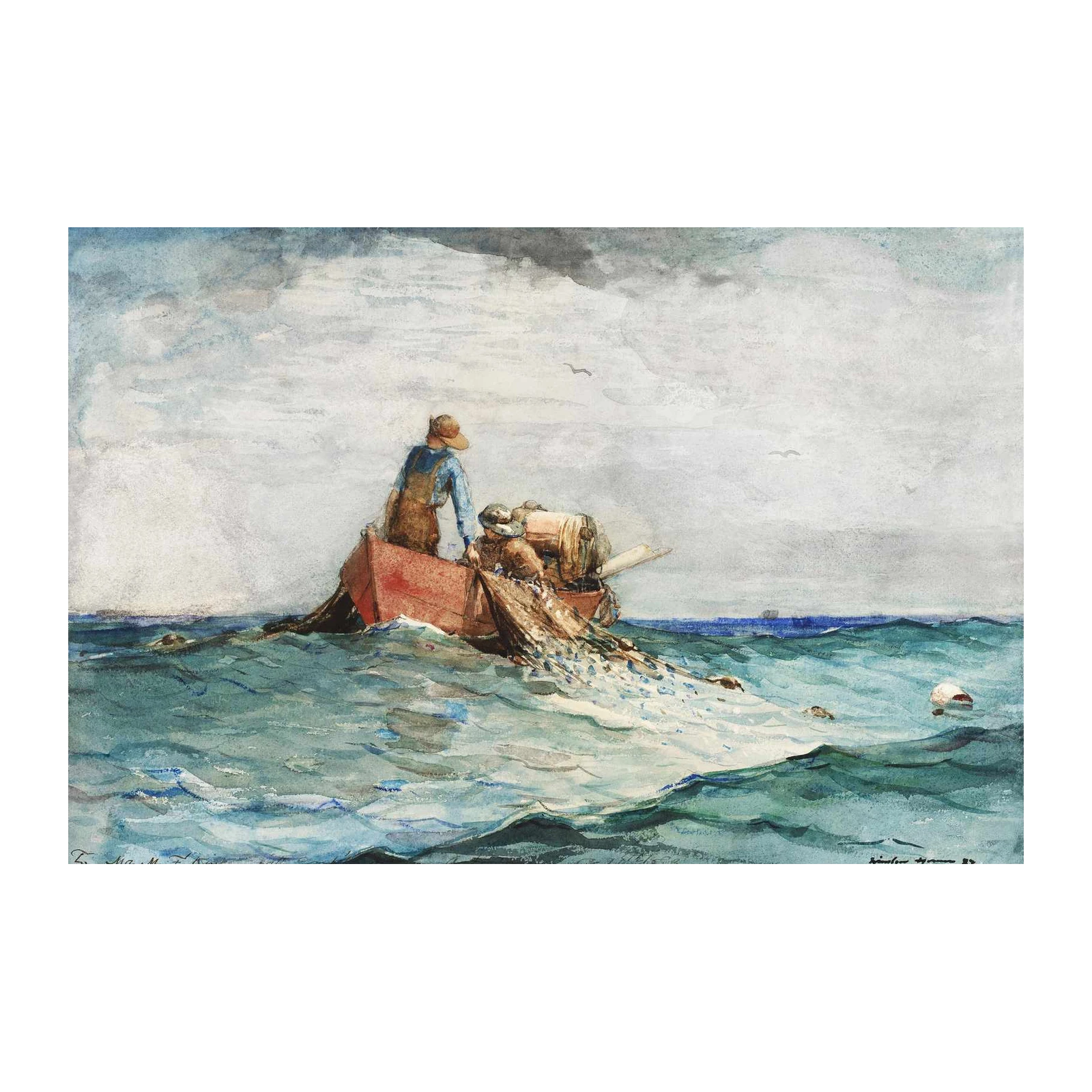 Fishermen in Boat Watercolor Wall Art