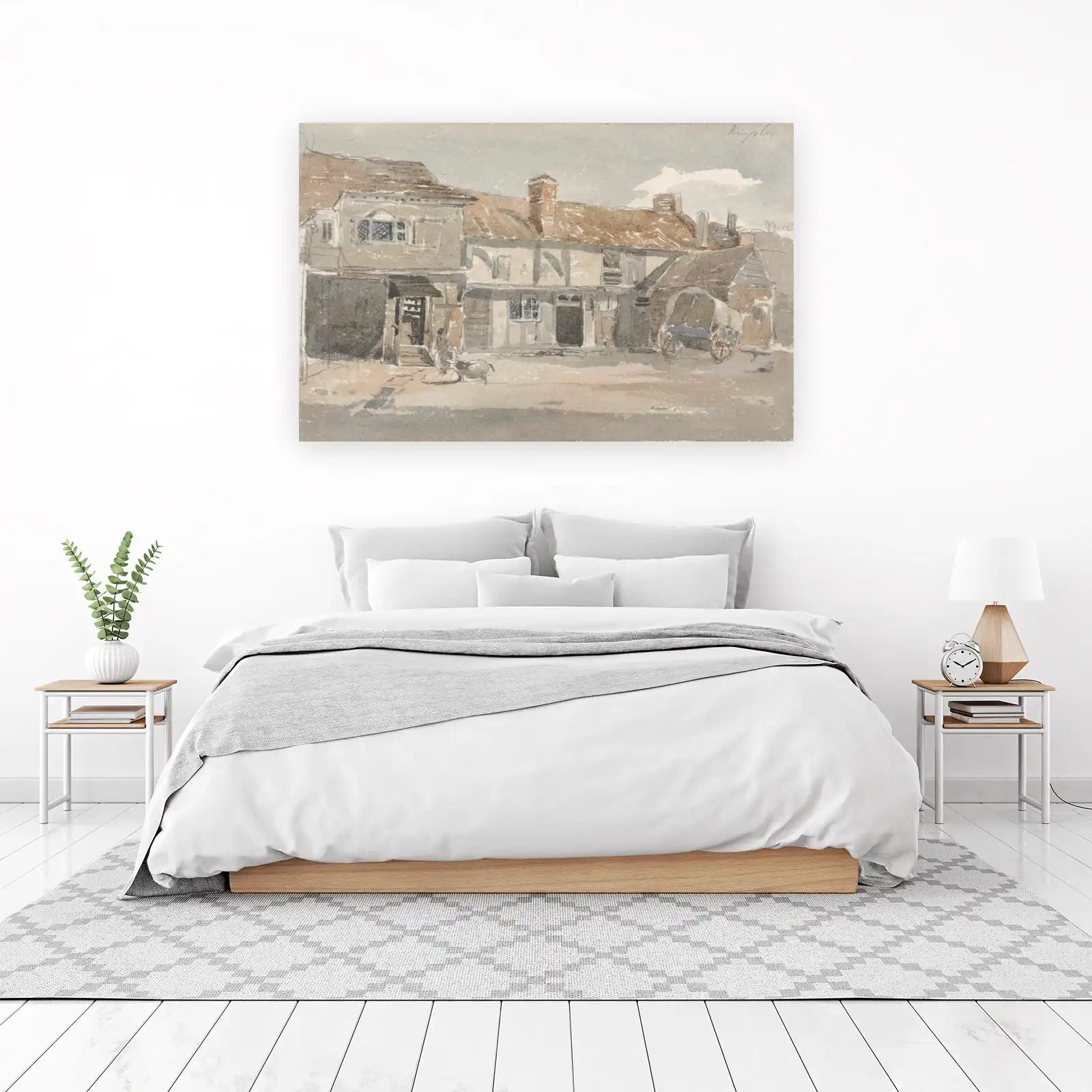 Vintage Village Scene Watercolor Wall Art