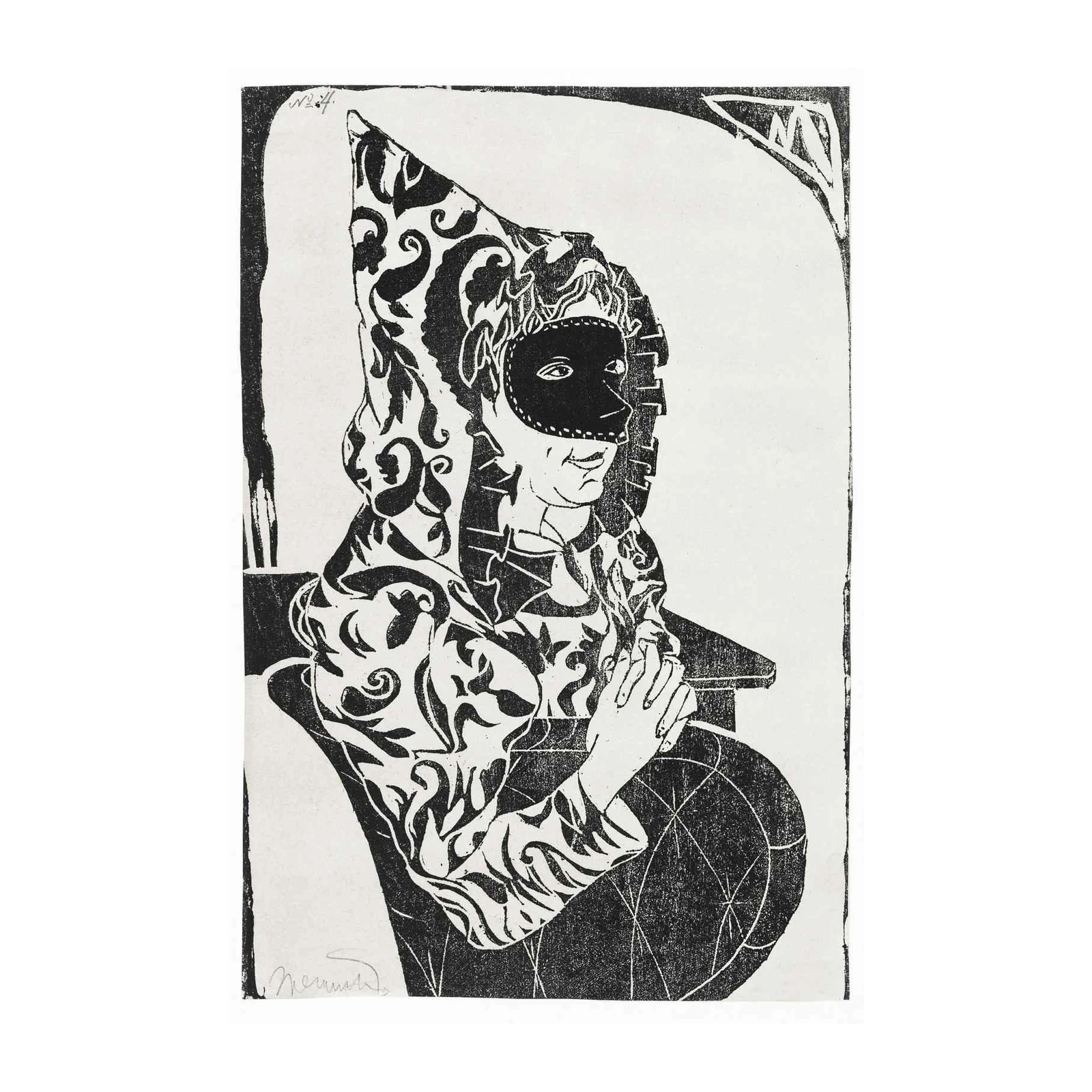 Mysterious Masked Figure Black & White Wall Art