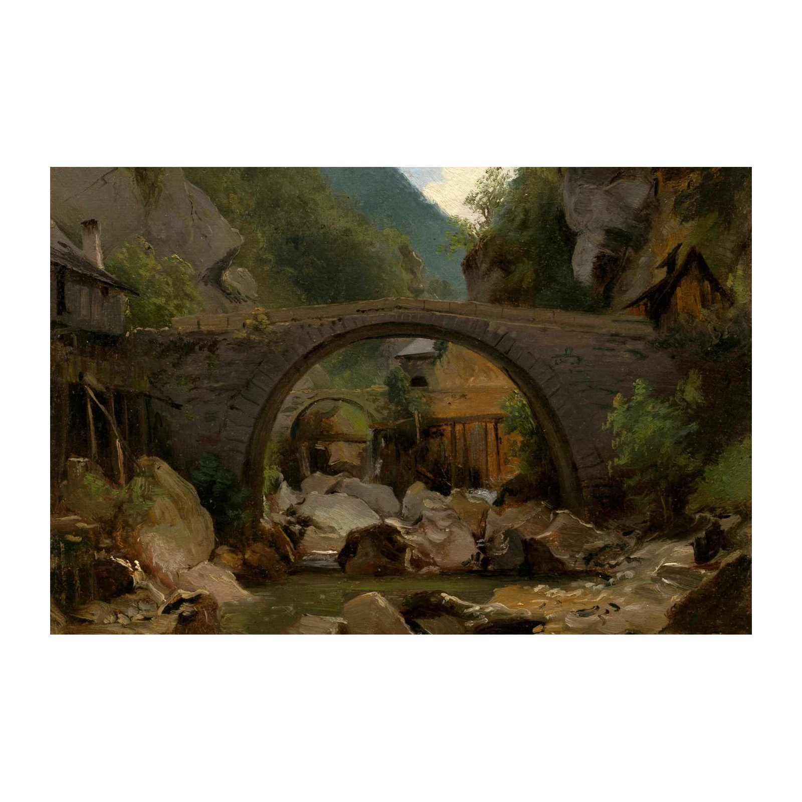 Serene Mountain River Bridge Landscape Wall Art