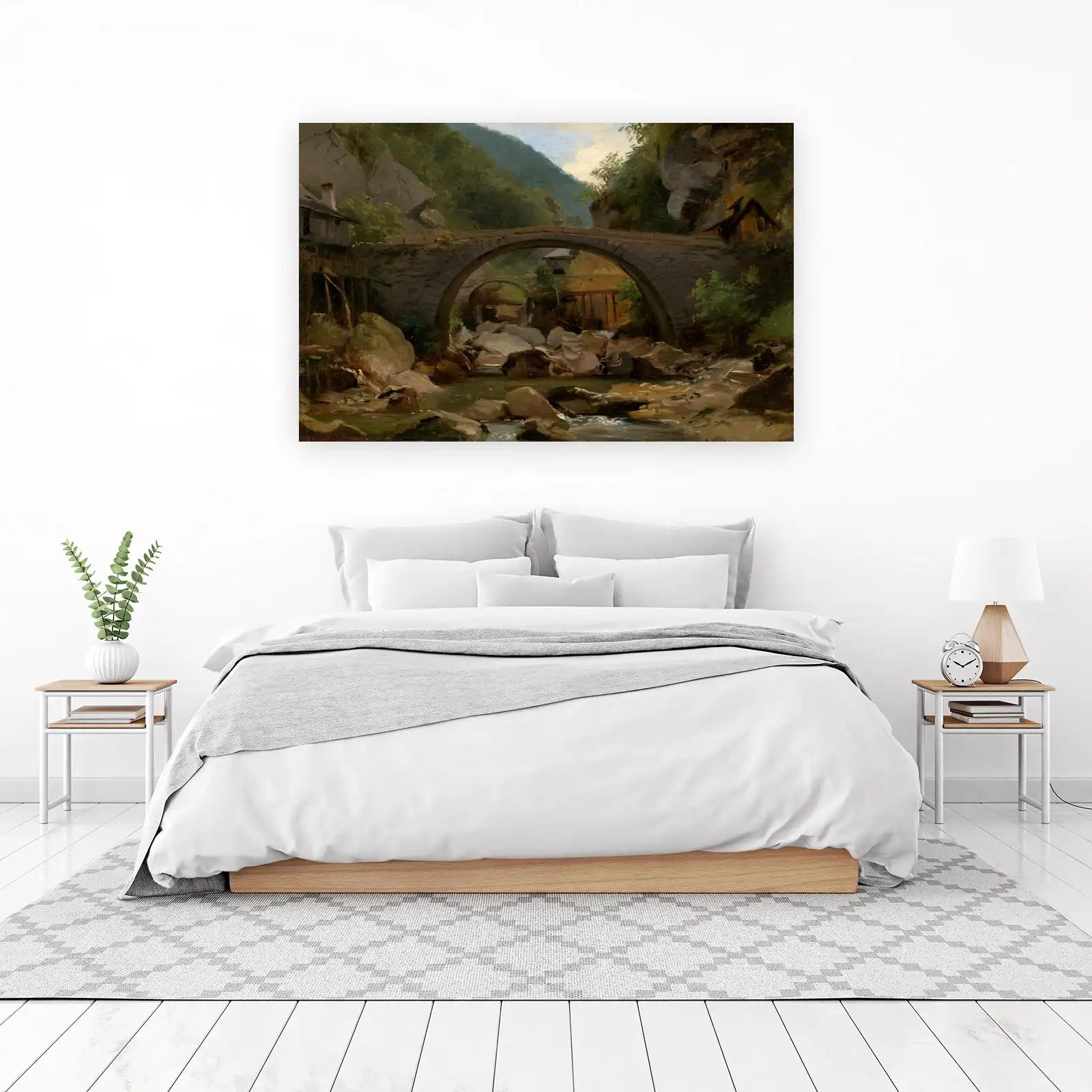 Serene Mountain River Bridge Landscape Wall Art