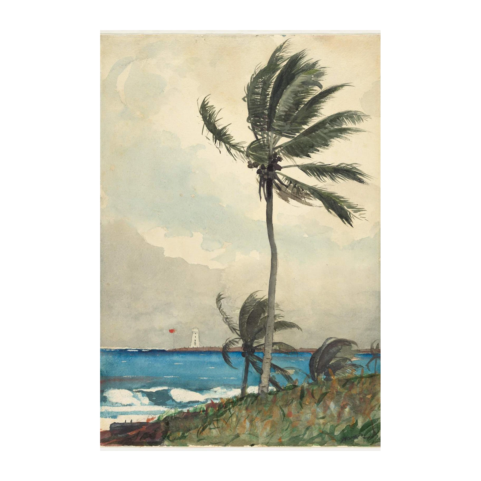 Stormy Coastline Palm Tree Lighthouse Wall Art