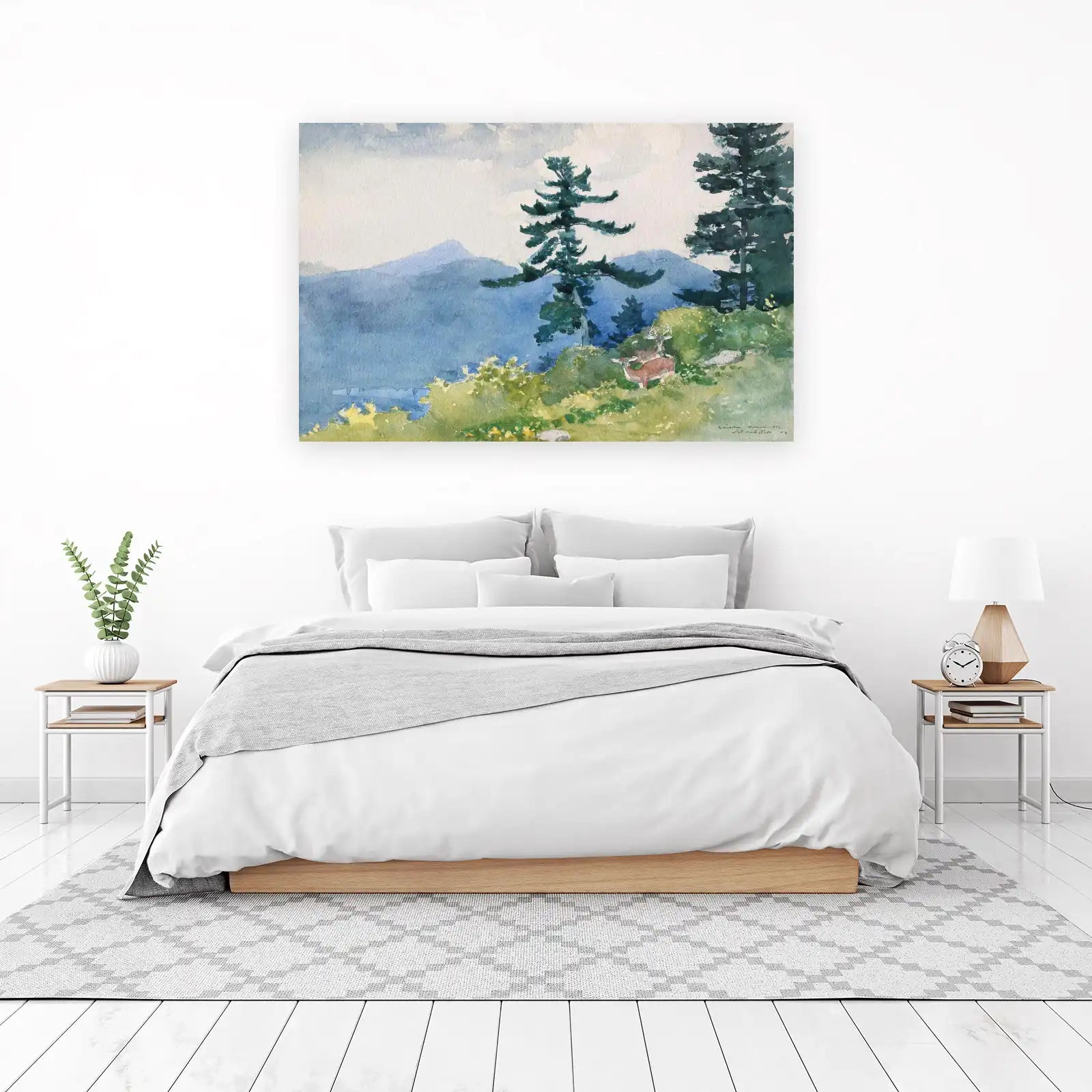 Tranquil Deer Mountain Landscape Watercolor Wall Art