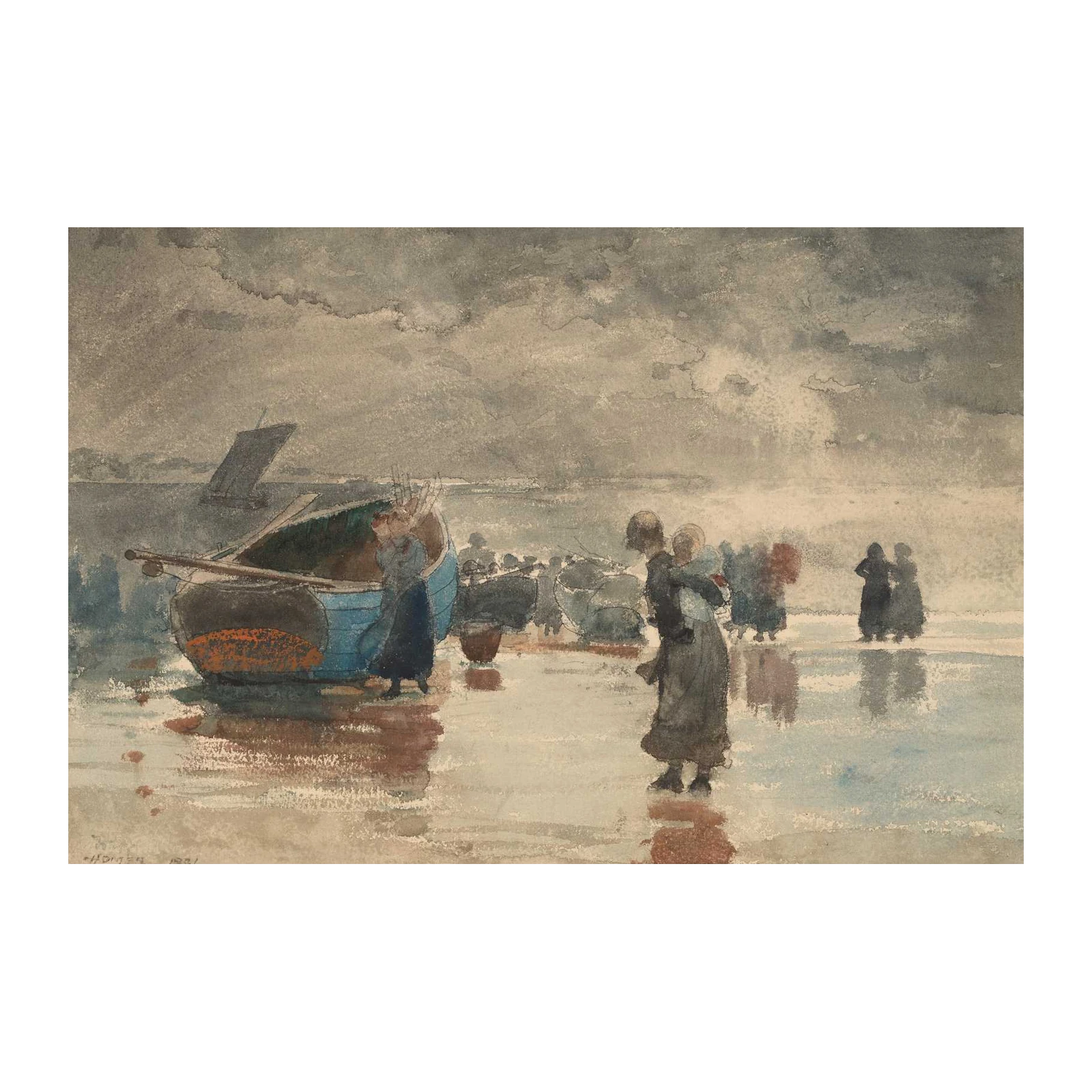 Seaside Figures & Boats Vintage Watercolor Wall Art