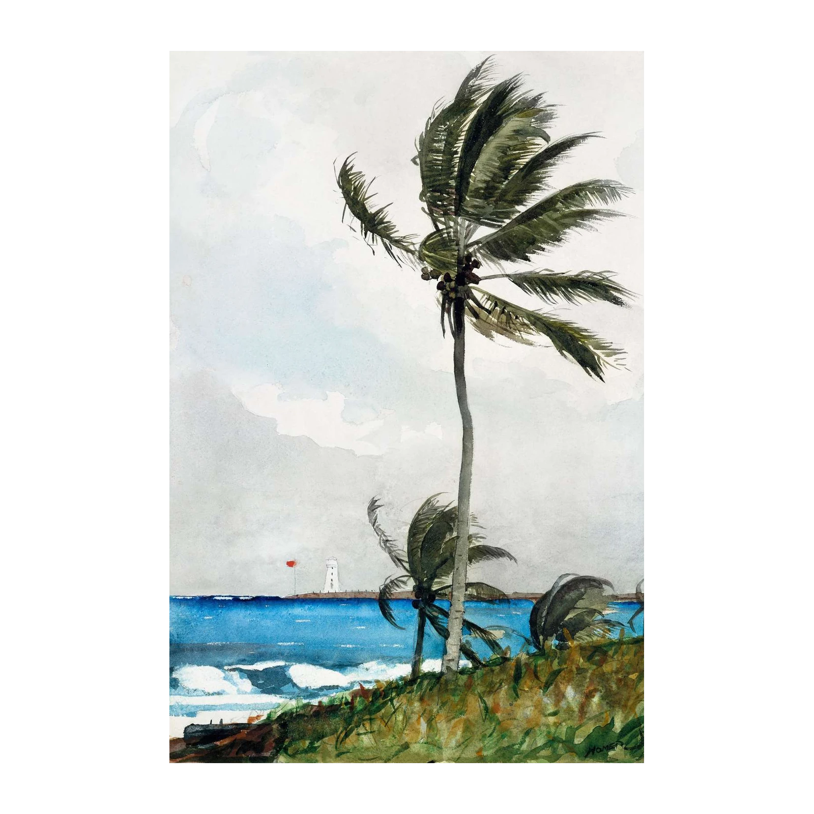 Tropical Storm Palm Trees & Lighthouse Wall Art