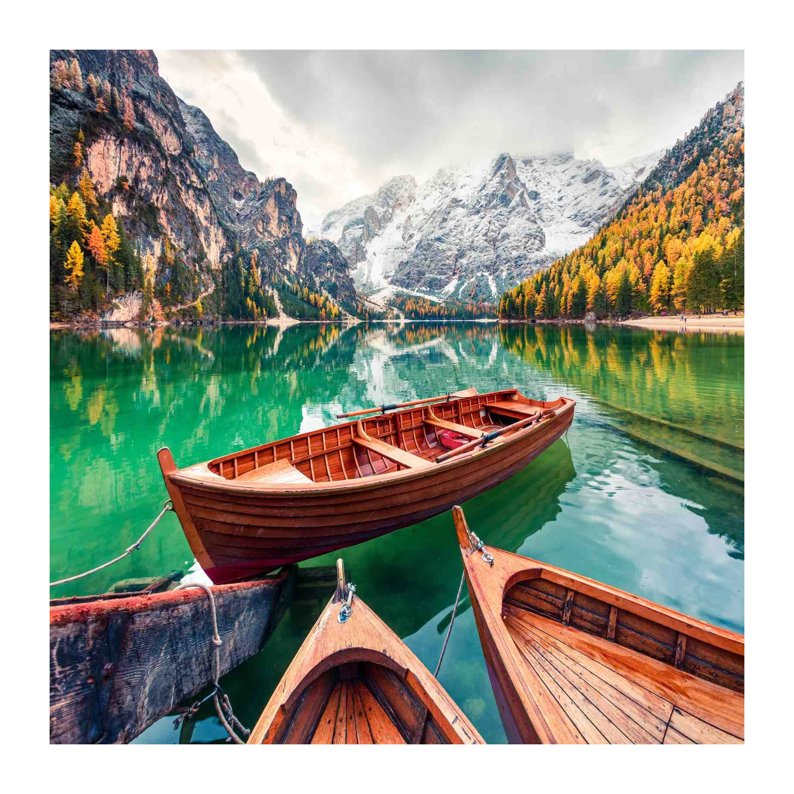 Serene Lake Boats Autumn Mountain Wall Art
