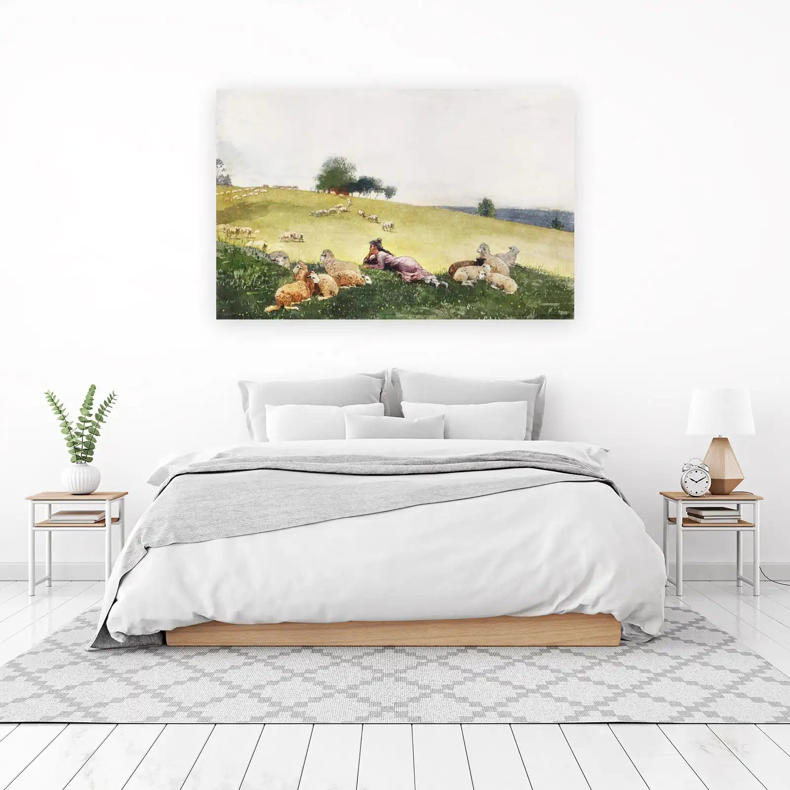 Pastoral Serenity Sheep Shepherdess Landscape Wall Art
