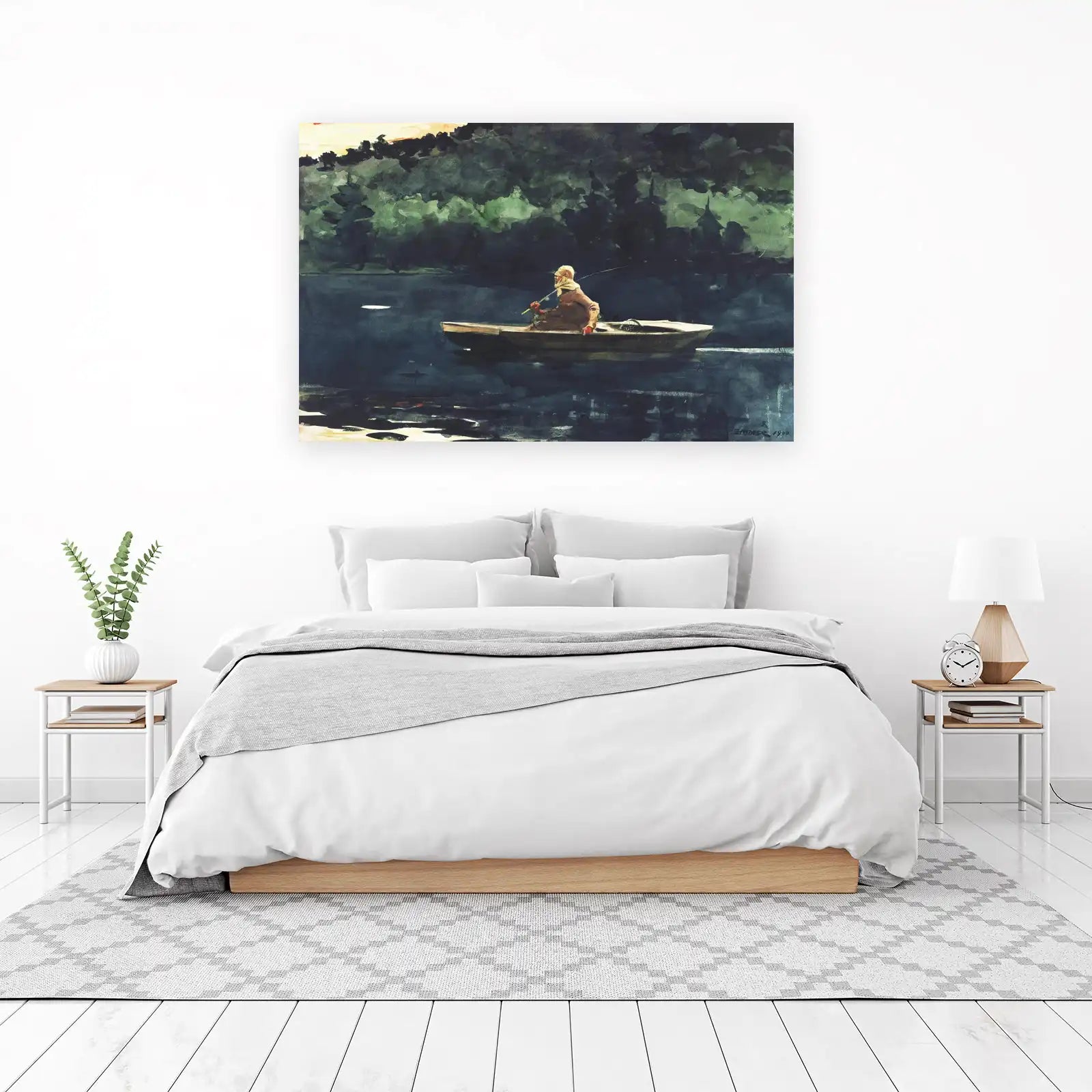 Serene Fishing Scene Watercolor Wall Art