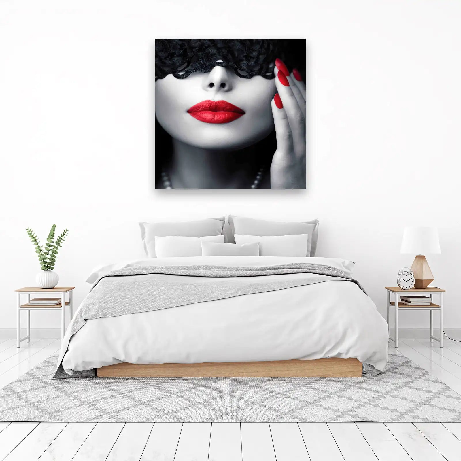 Bold Red Lips Lace Mask Glamour Wall Art