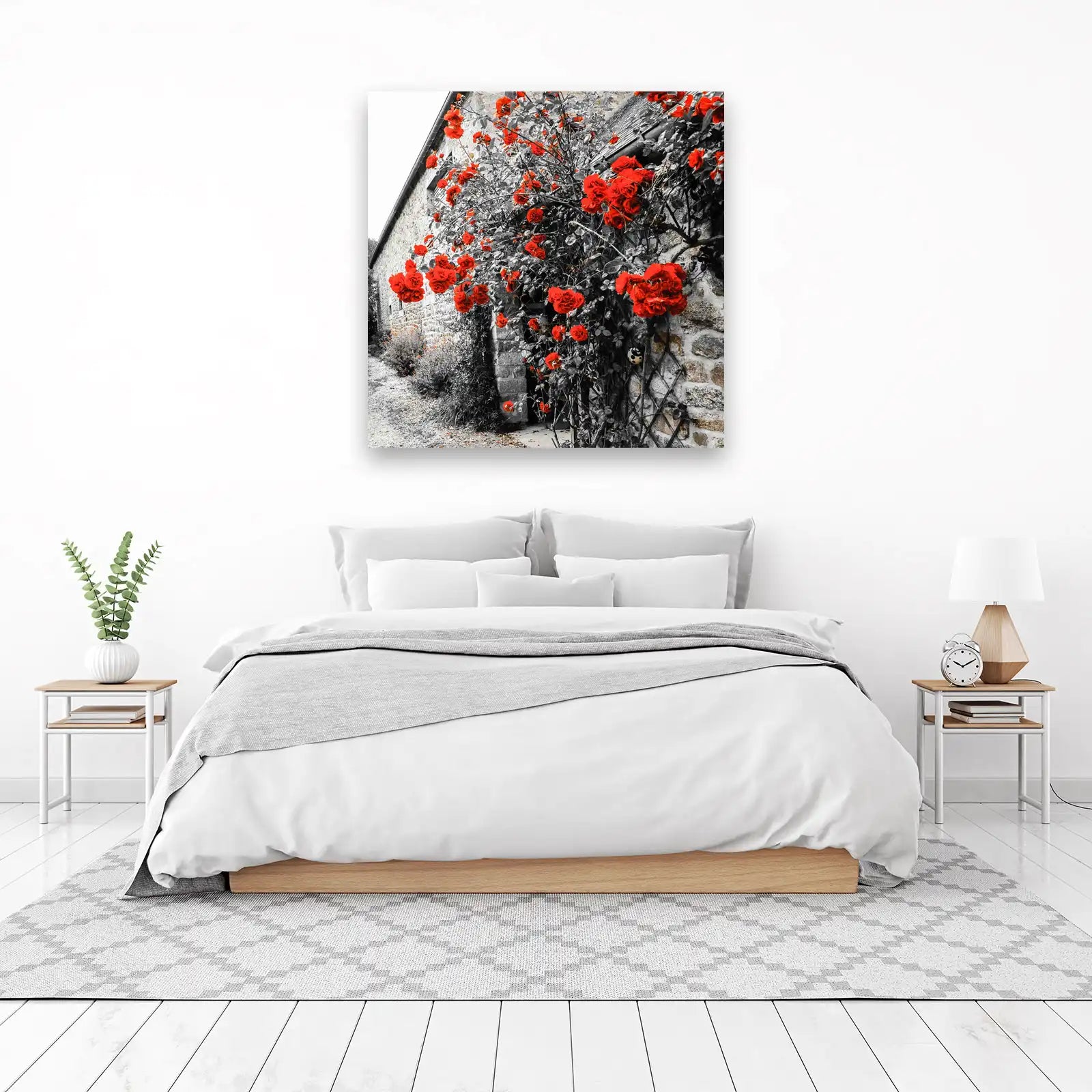 Vibrant Red Roses on Stone Cottage Wall Art