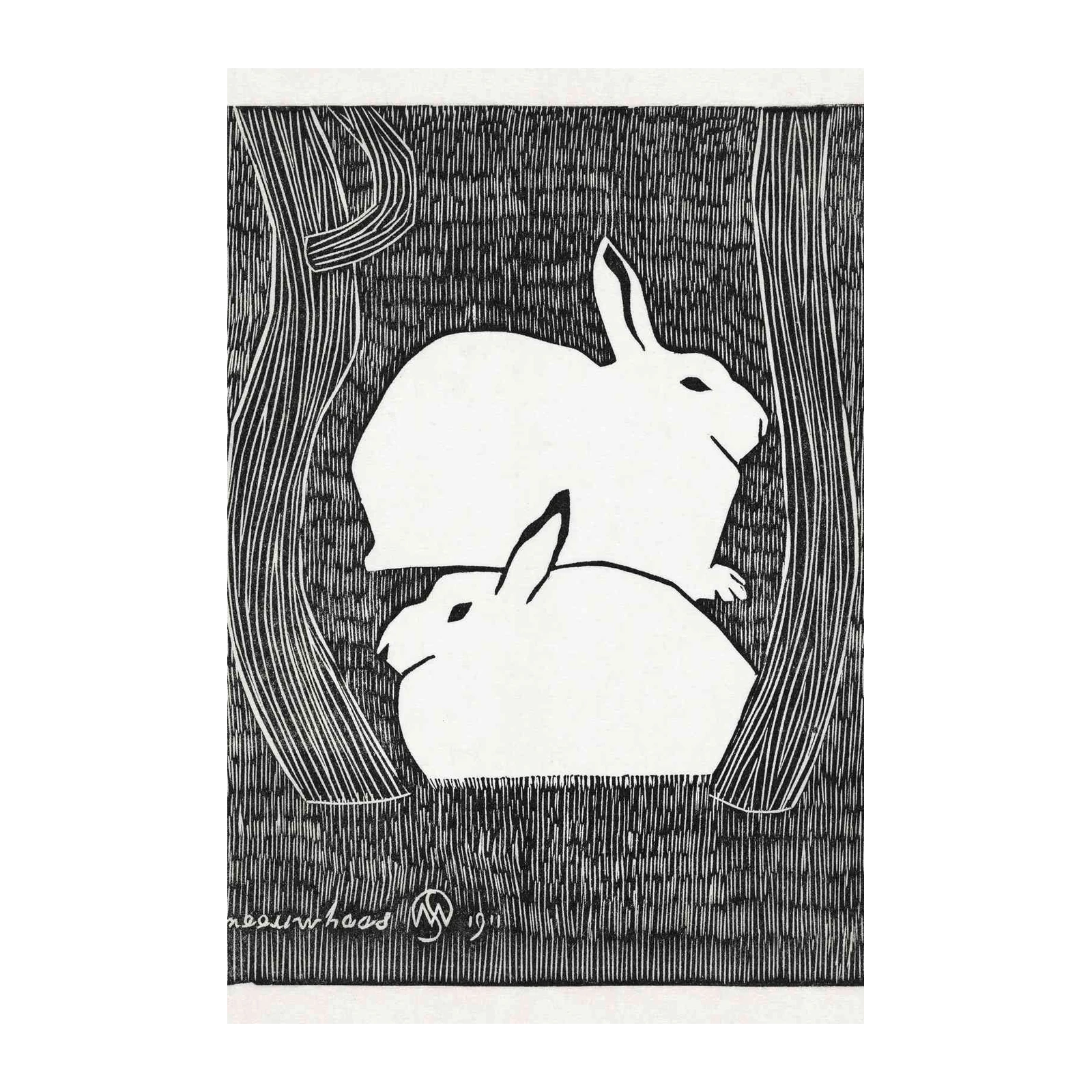 Charming Rabbits in Forest Black & White Wall Art