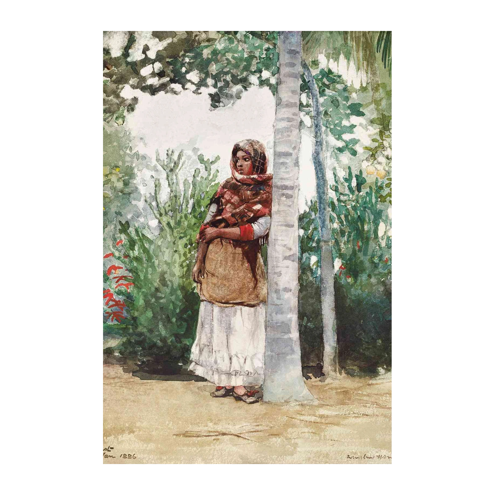 Serene Oasis Watercolor Tropical Scene Wall Art