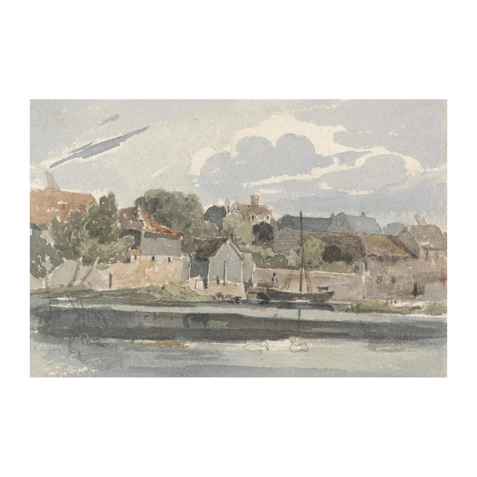 Serene Waterfront Village Watercolor Wall Art