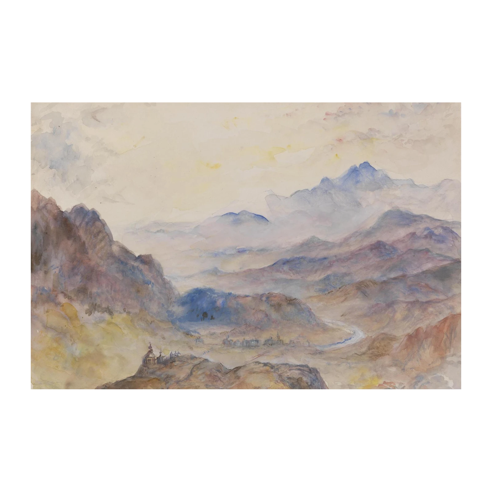 Misty Mountain Landscape Watercolor Wall Art