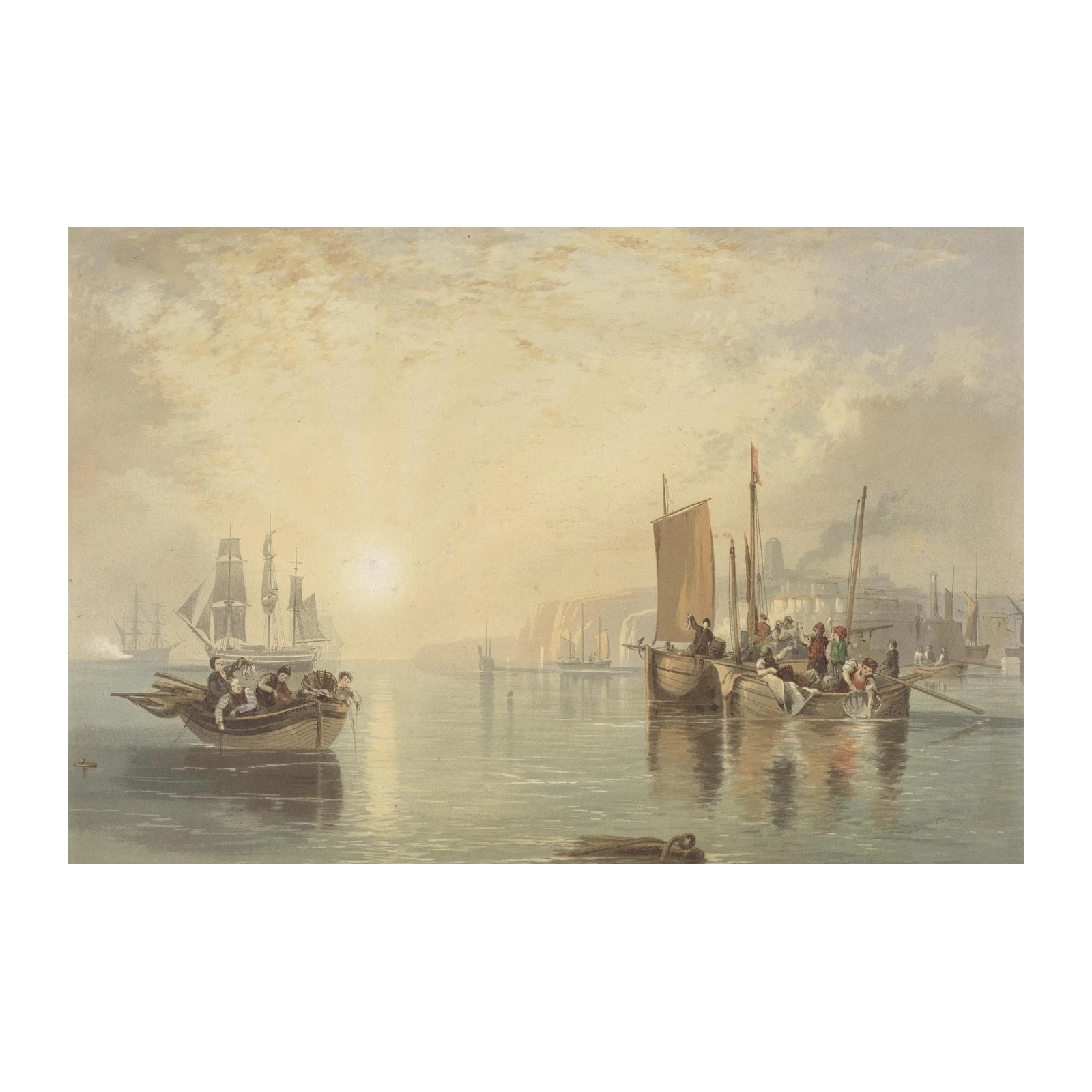 Vintage Harbor Scene Boats & Figures Wall Art