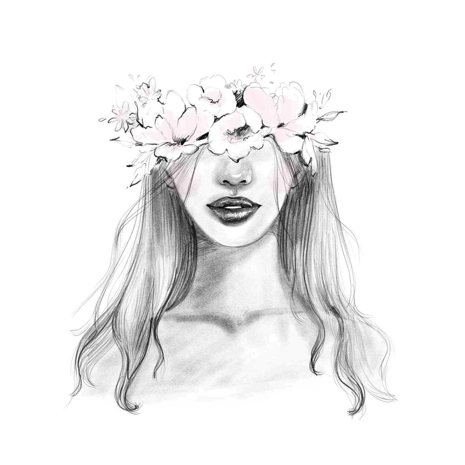 Ethereal Floral Crown Woman Sketch Wall Art