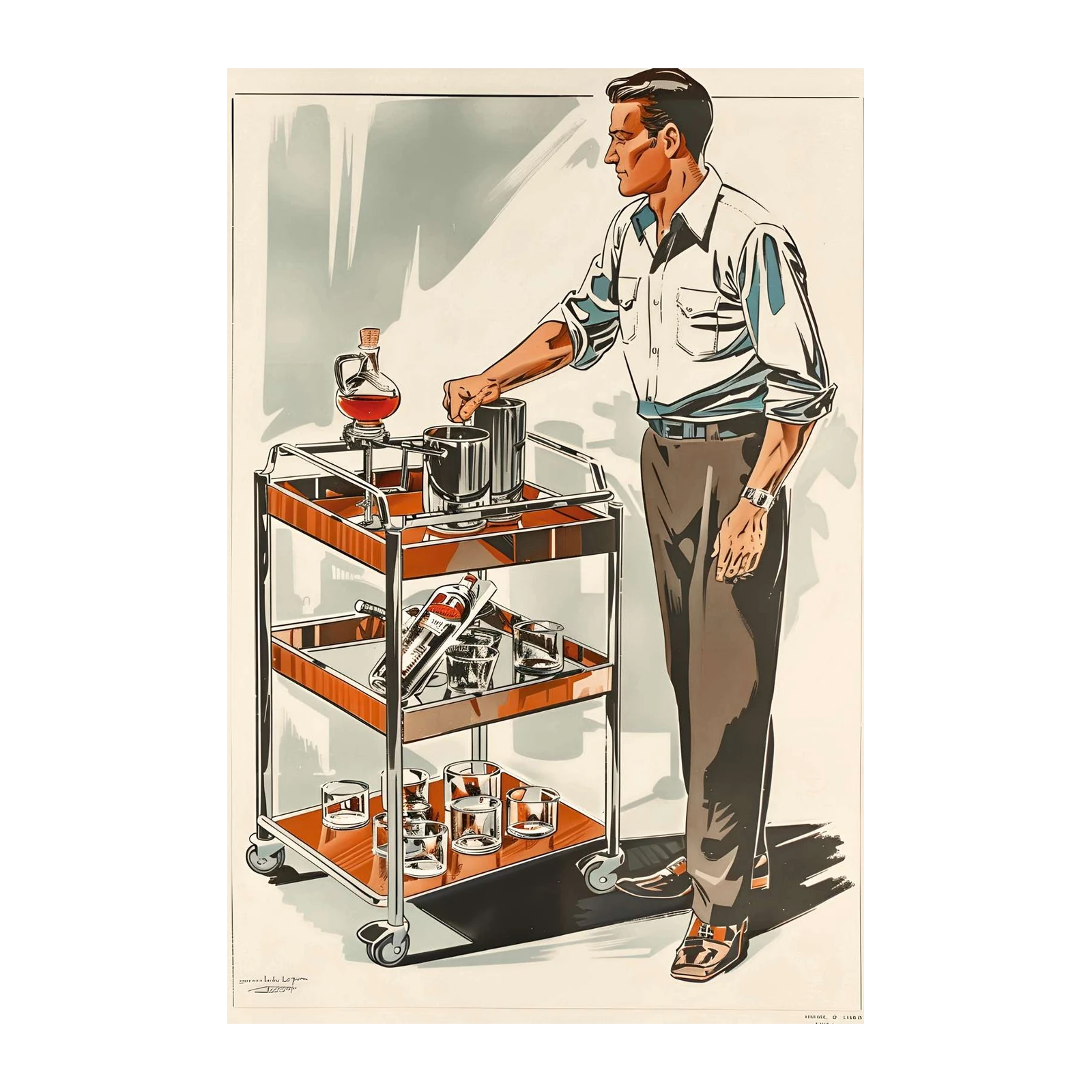 Vintage Bar Cart Man Wall Art - Retro Barware Art