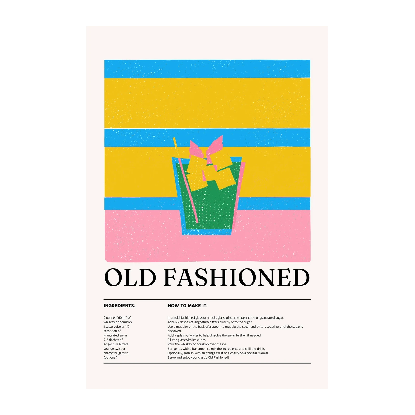 Retro Old Fashioned Cocktail Recipe Wall Art