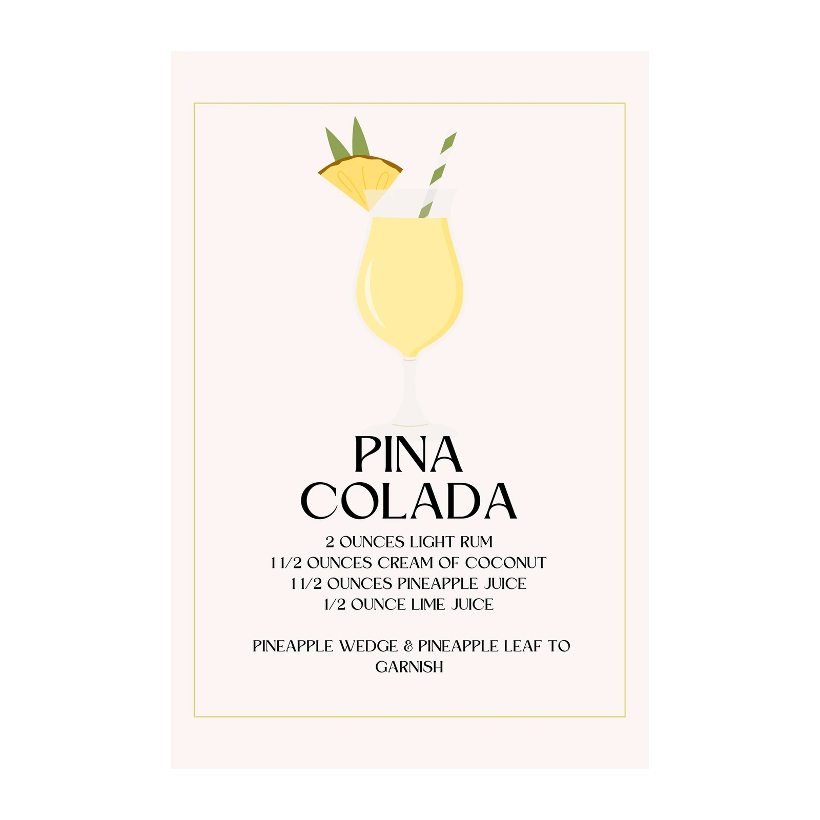 Pina Colada Cocktail Recipe Art Wall Art