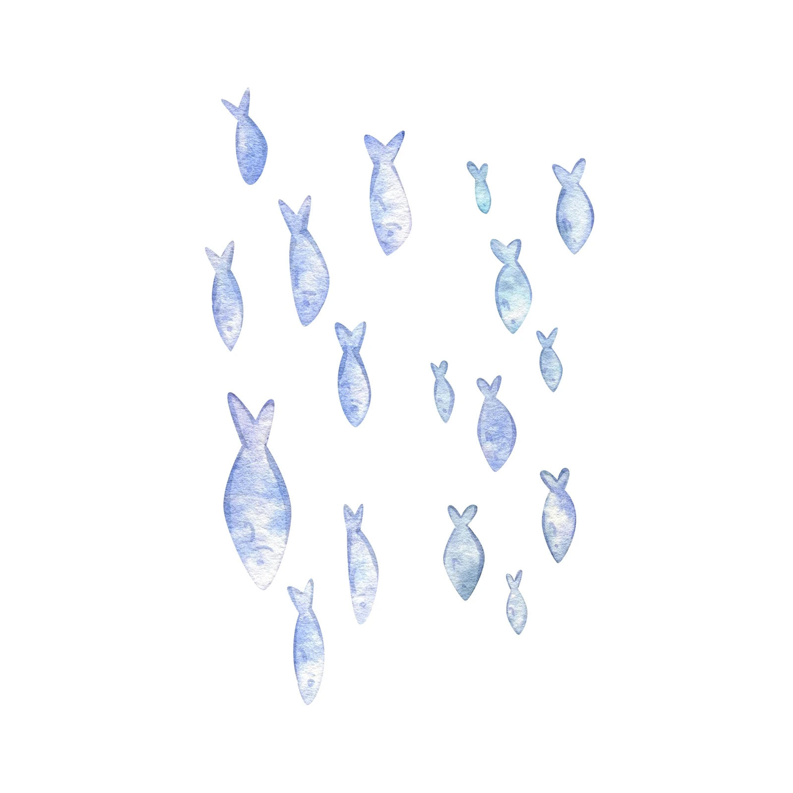 Whimsical Blue Fish School Watercolor Wall Art