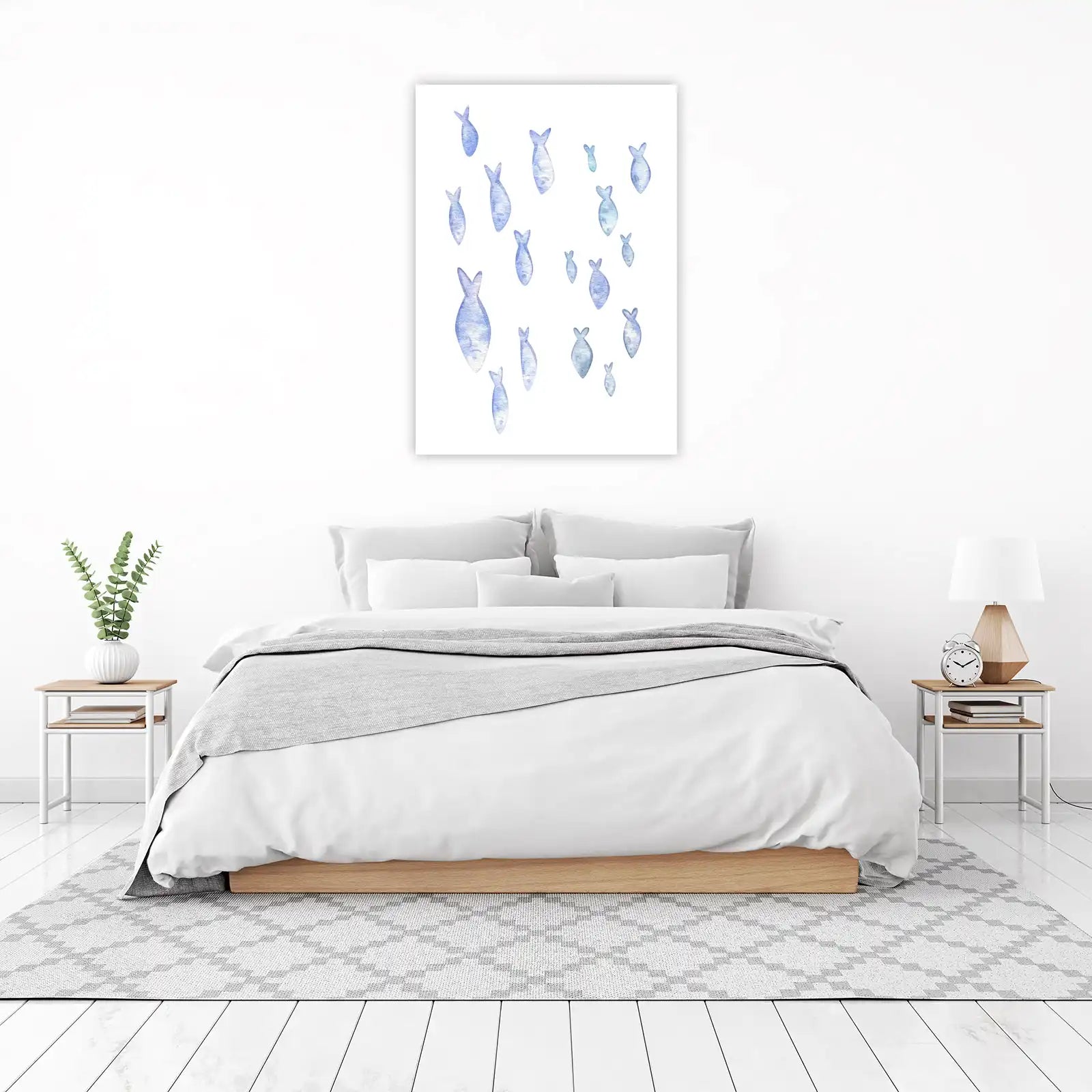 Whimsical Blue Fish School Watercolor Wall Art