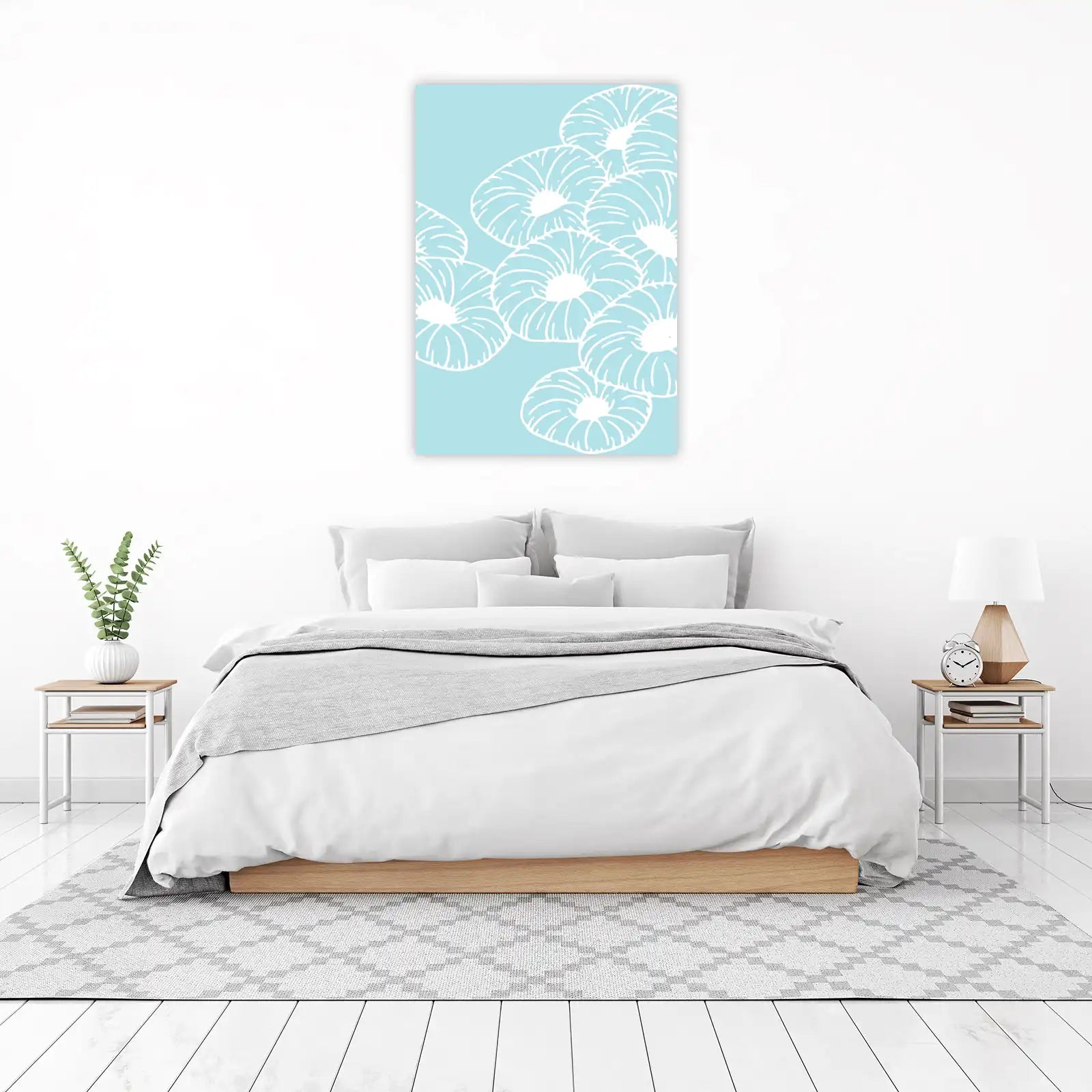 Serene Floral Burst White on Blue Wall Art