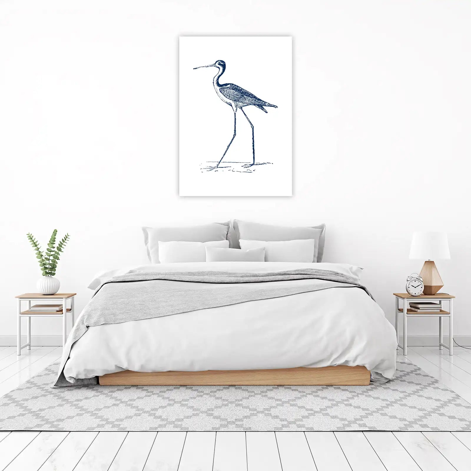 Elegant Stilt Bird Blue Ink Art Wall Art
